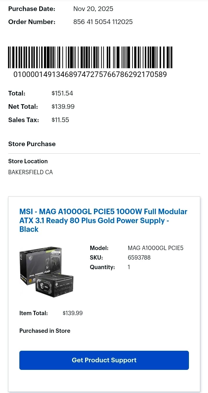 "Open Box" MSI MAG A1000GL PCIE5 1000W 80+ Gold PSU (Complete w/ Box & Receipt)