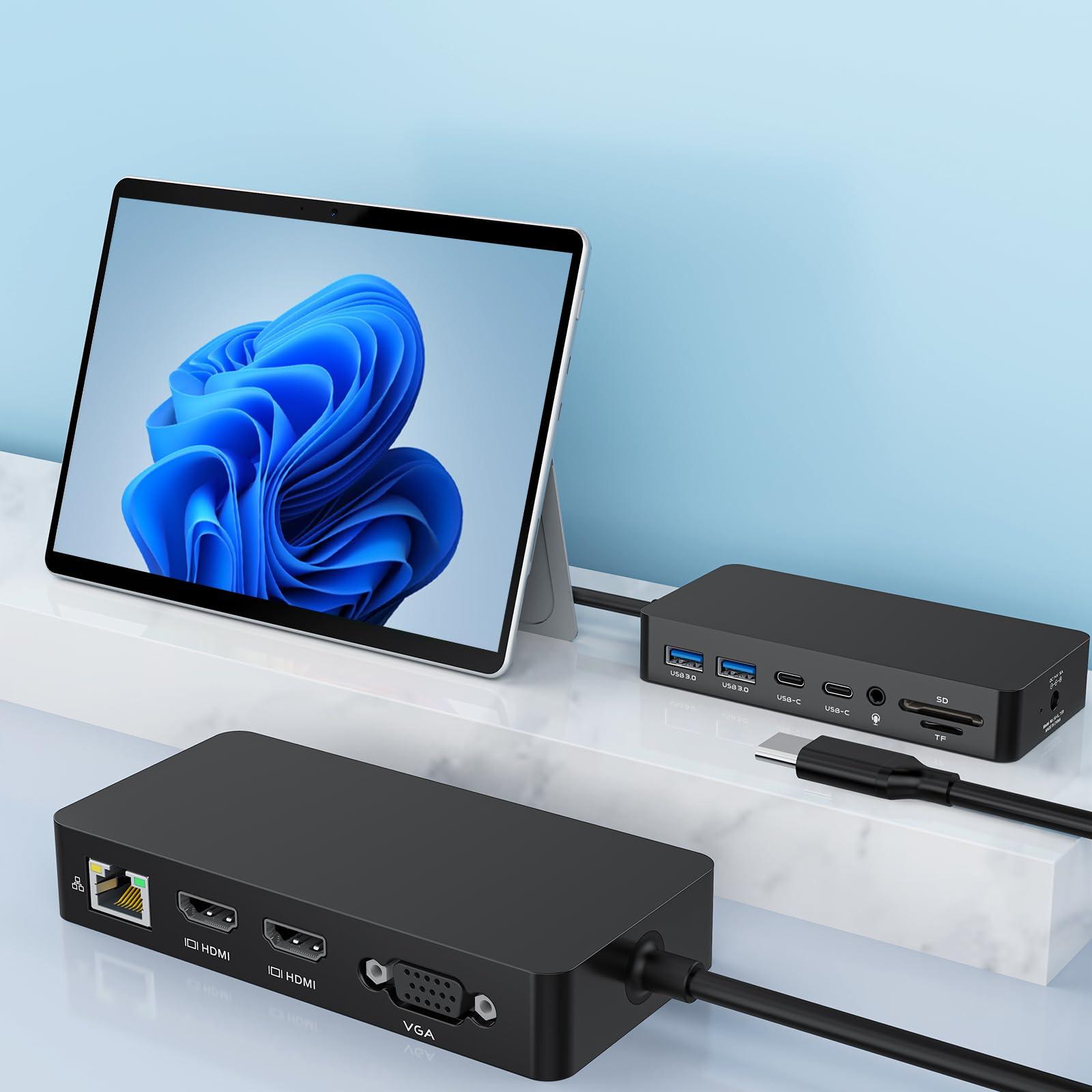 Thunderbolt 4 Dock Dual HDMI+VGA with Power Adapter Compatible with Surface Pro USB C MacBook
