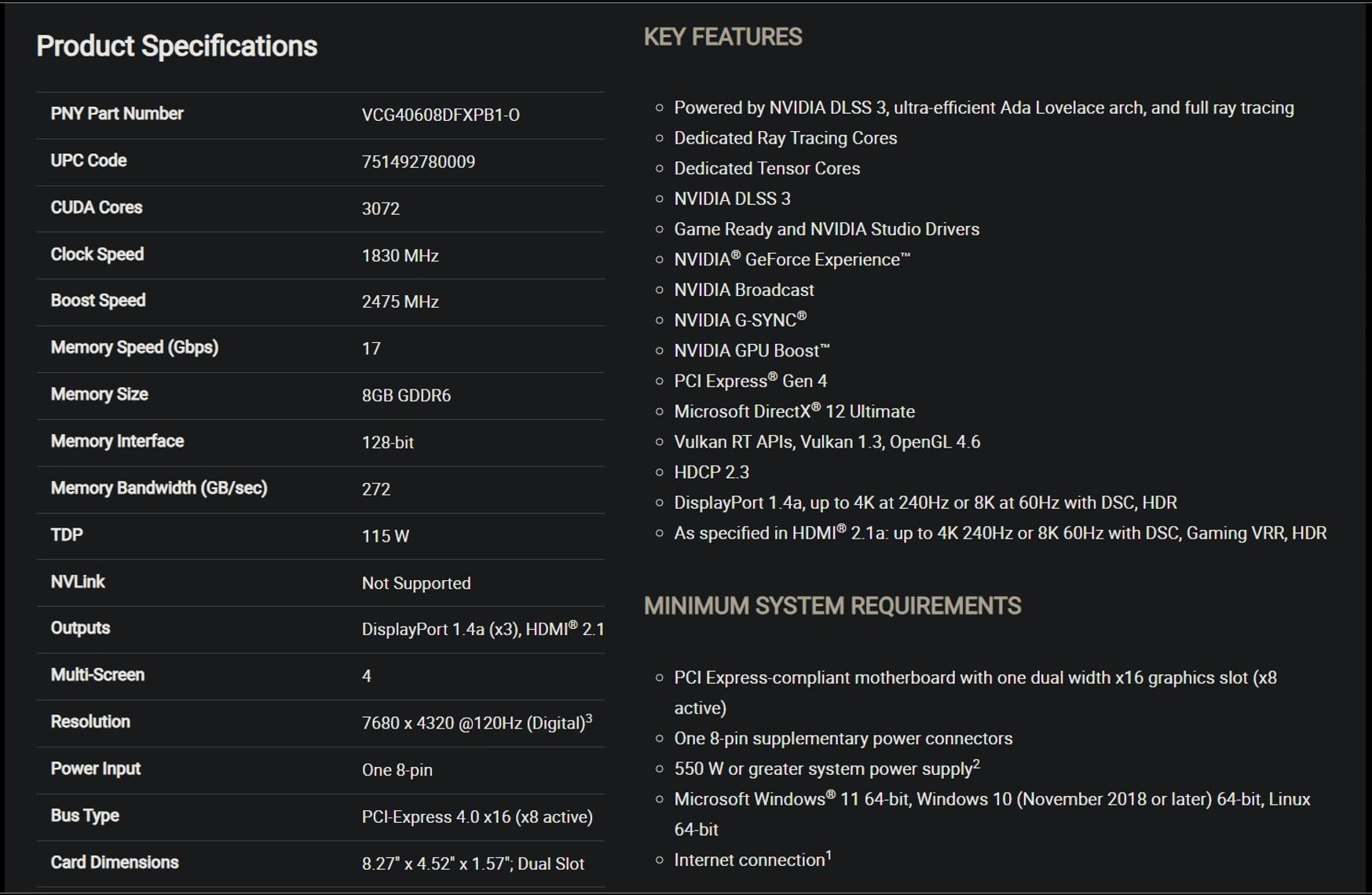 PNY RTX 4060 8GB XLR8 Gaming VERTO Overclocked Dual Fan