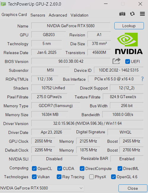 MSI GeForce RTX 5080 16G GAMING TRIO OC