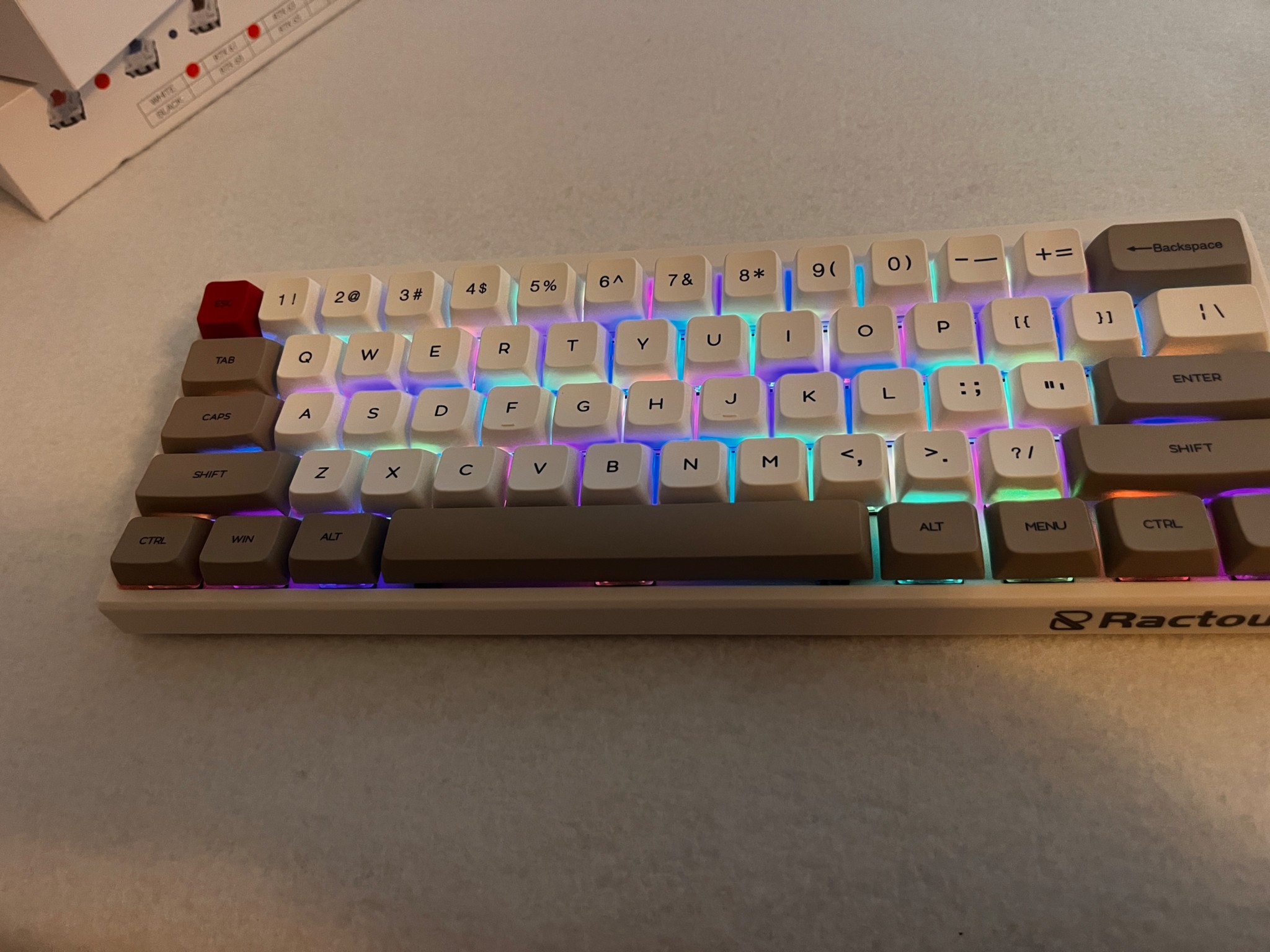 Ractous Design gaming keyboard, New in the Box. 60%, RGB.  Gateron Red Switches Hot Swappable