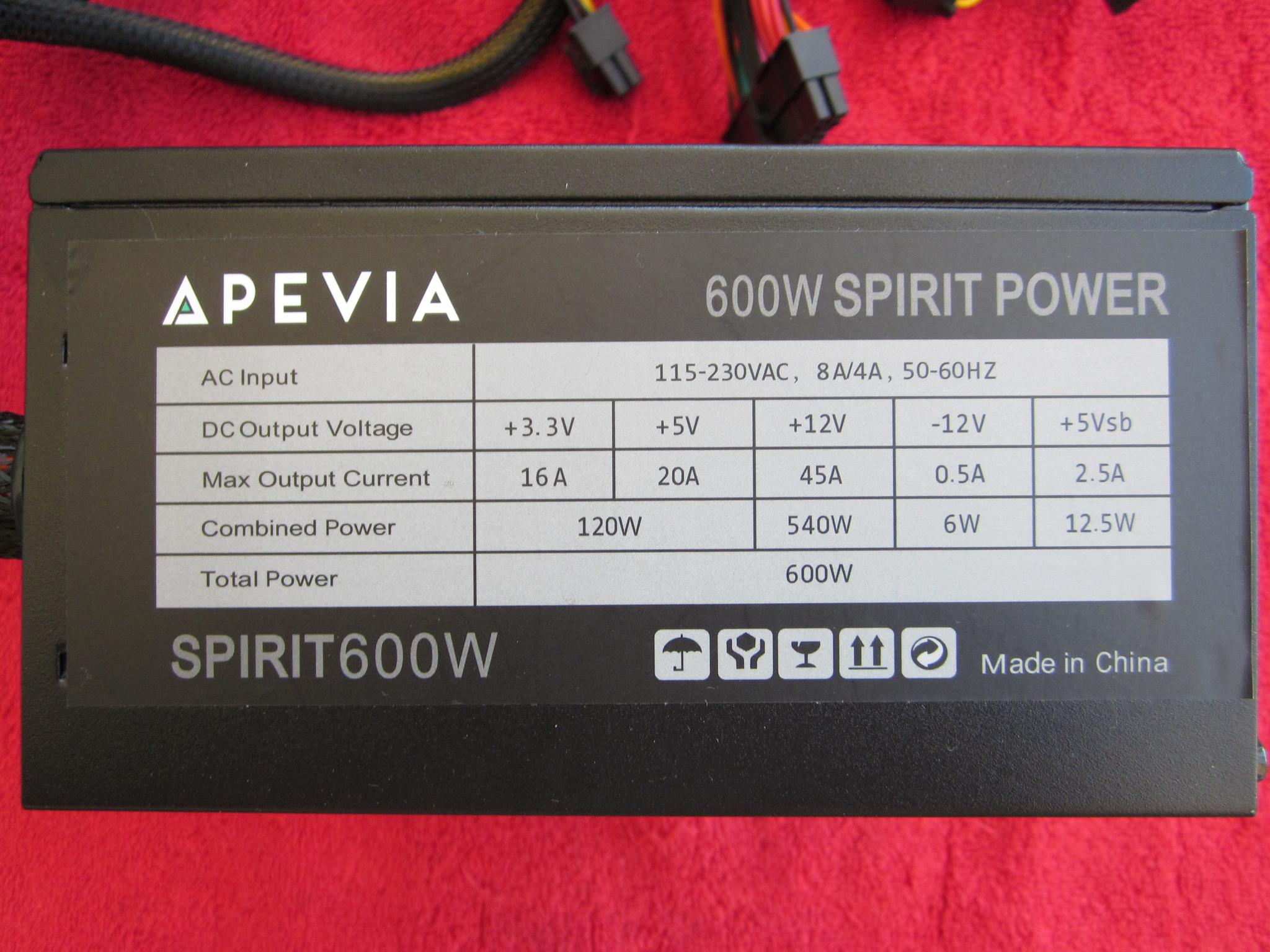 APEVIA SPIRIT 600W ATX Power Supply with Auto-Thermally Controlled 120mm Fan, All Protections