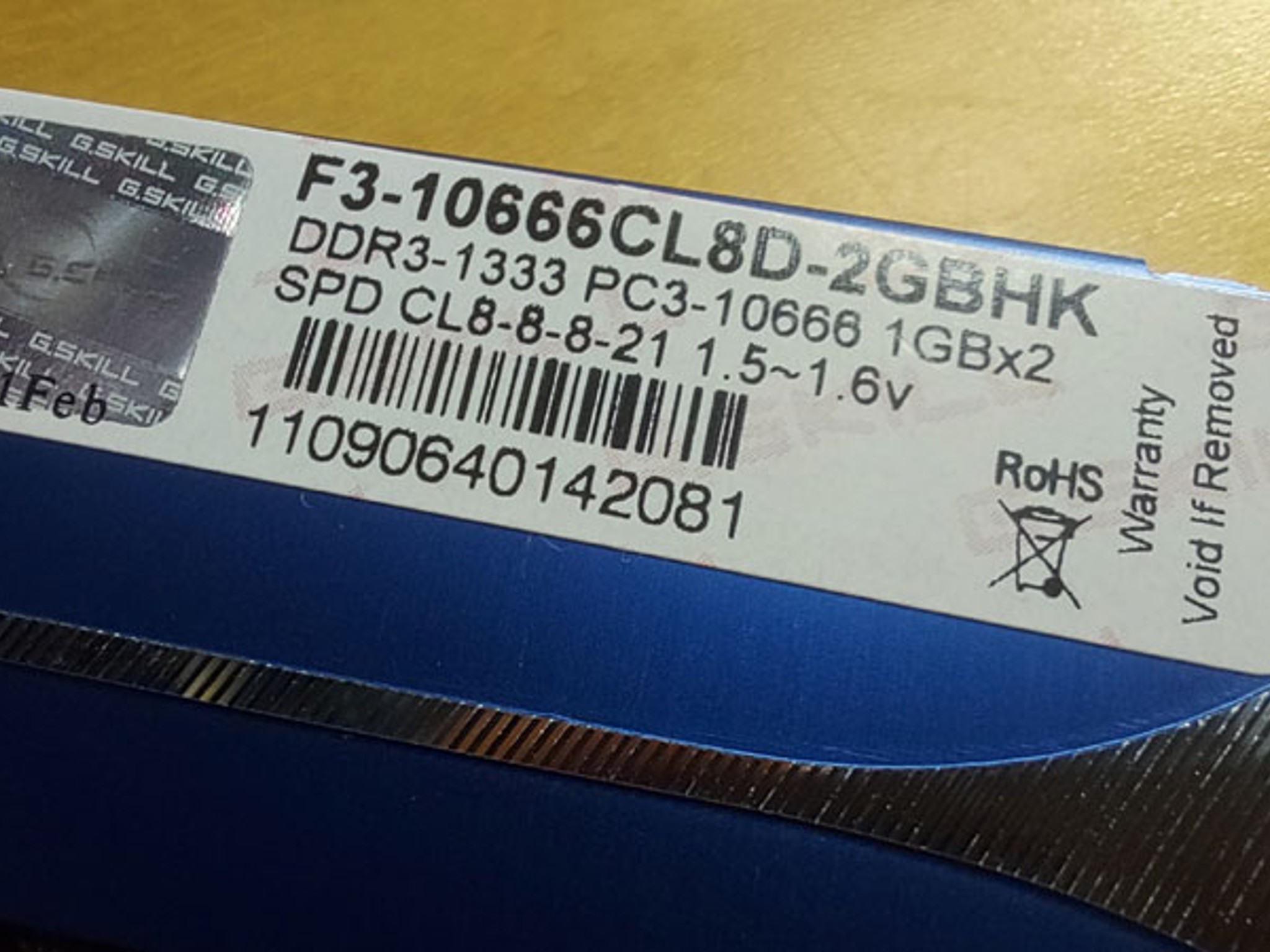G.Skill PC3-10600 DDR3-1333 SDRAM RAM 2GB KIT [ 2x1GB ] Desktop Memory