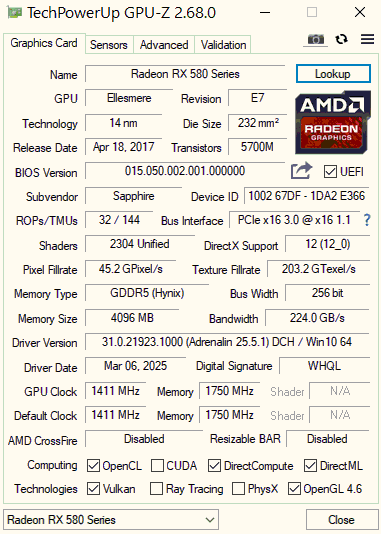 Sapphire Nitro+ RX 580 OC 4GB Dual Bios/LED/Like New Condition