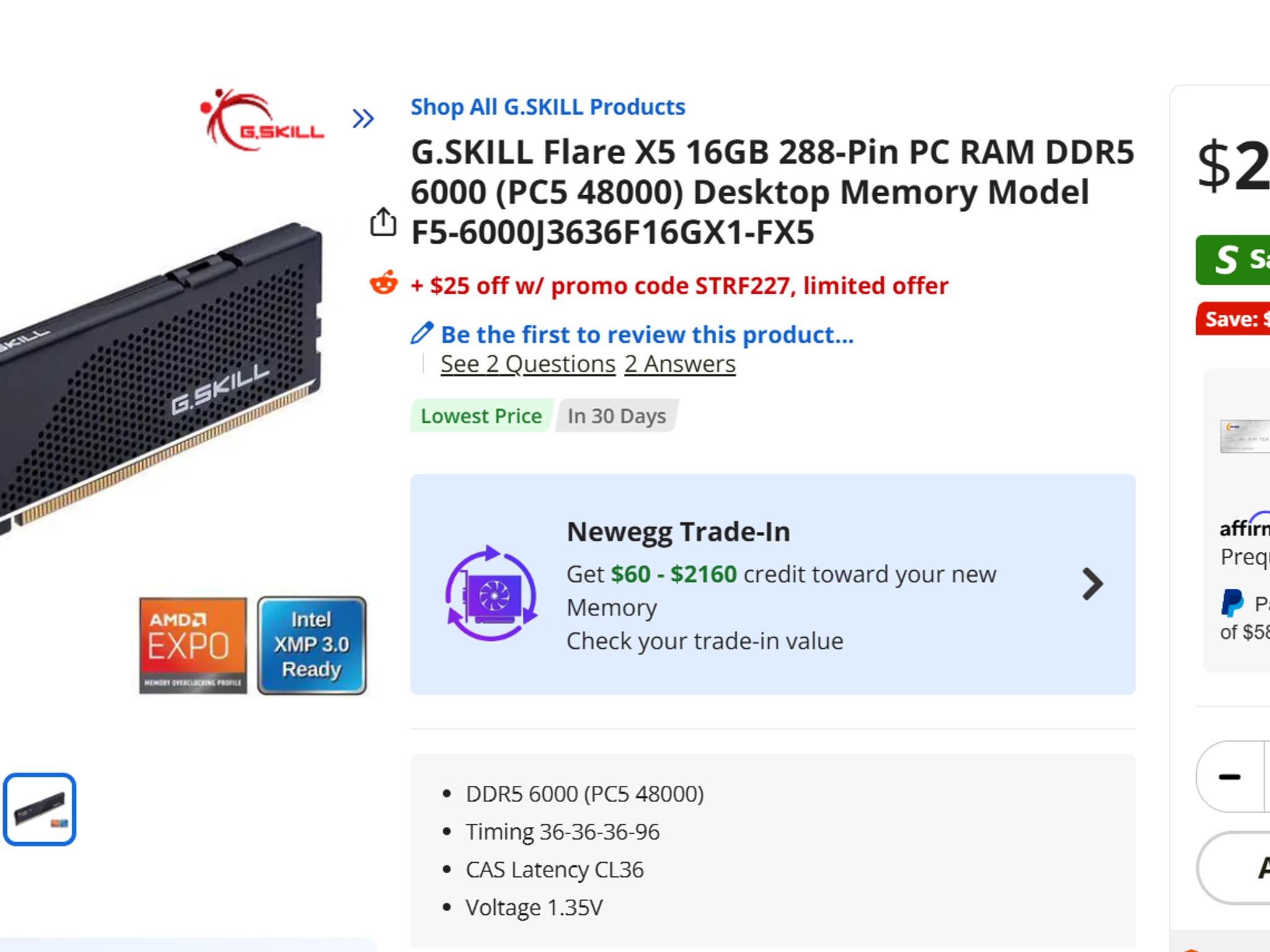 G.Skill Flare X5 16GB (1 x 16GB) DDR5-6000 PC5-48000 CL36 Black