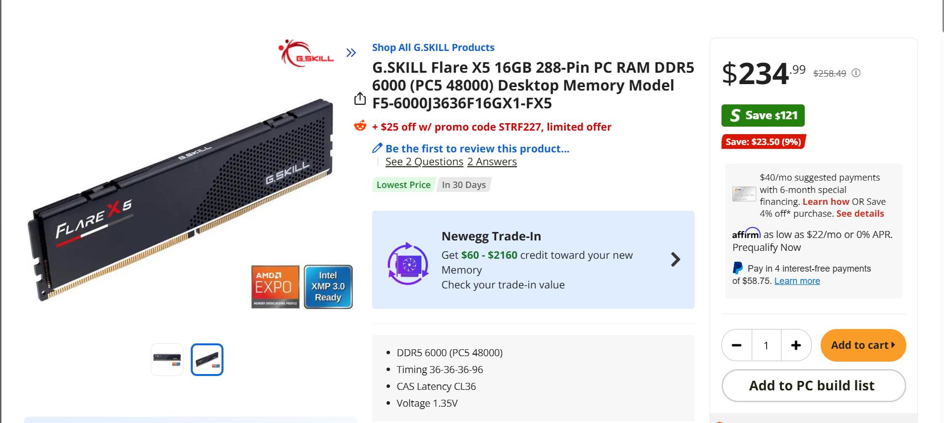 G.Skill Flare X5 16GB (1 x 16GB) DDR5-6000 PC5-48000 CL36 Black