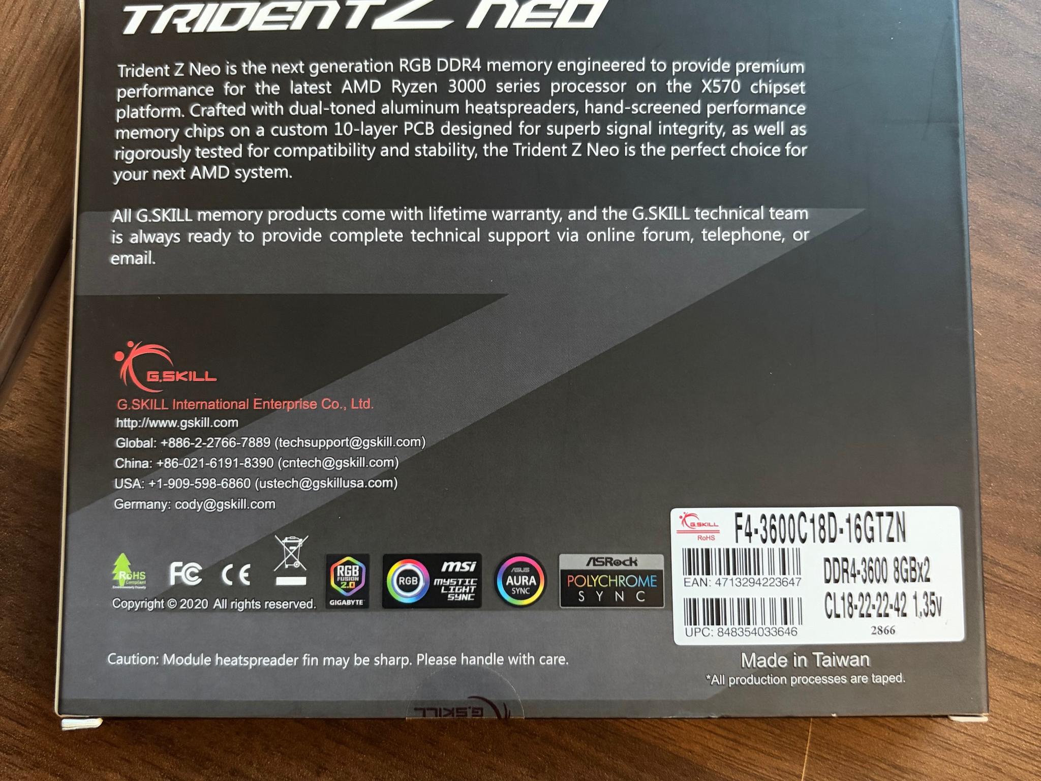 16GB (2 x 8GB) G. Skill TridentZ Neo 3600mhz DDR4