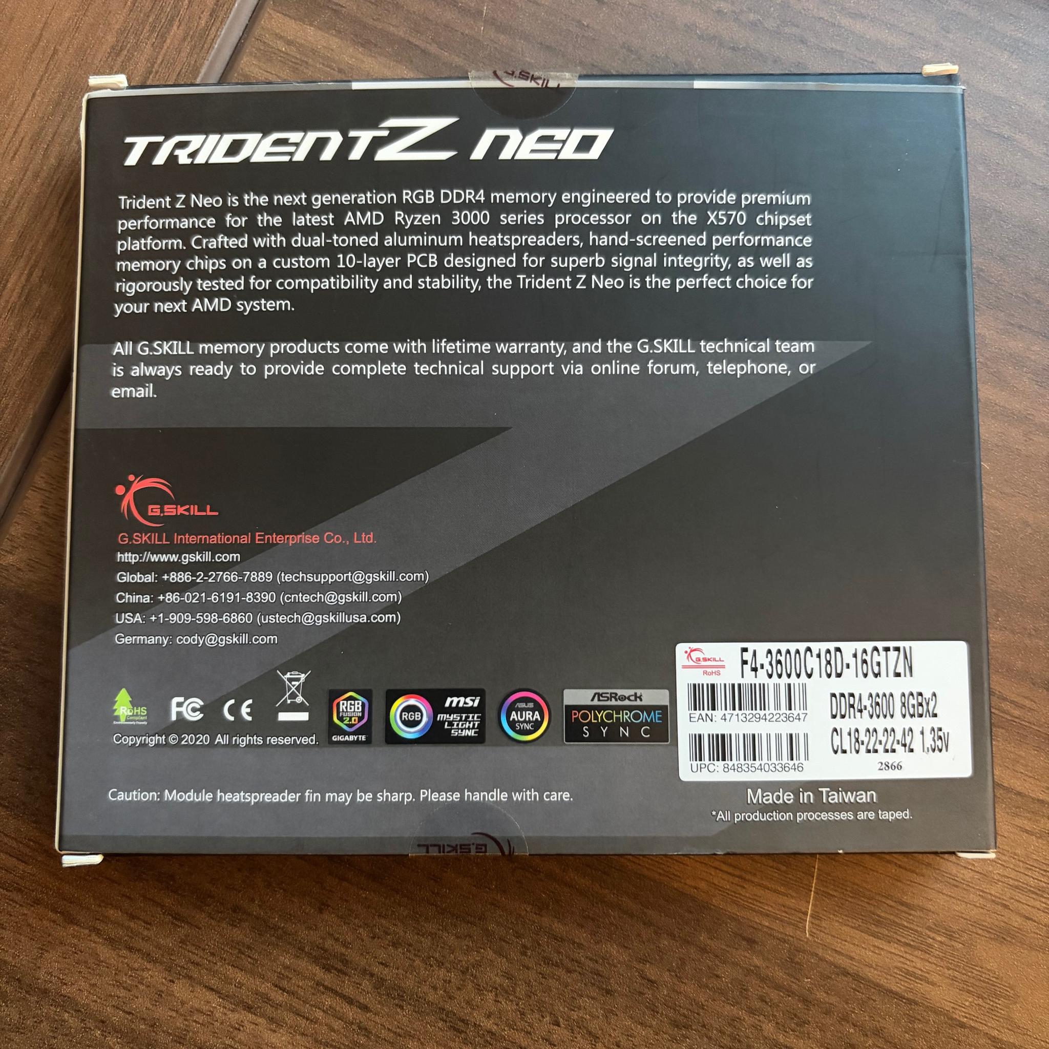 16GB (2 x 8GB) G. Skill TridentZ Neo 3600mhz DDR4