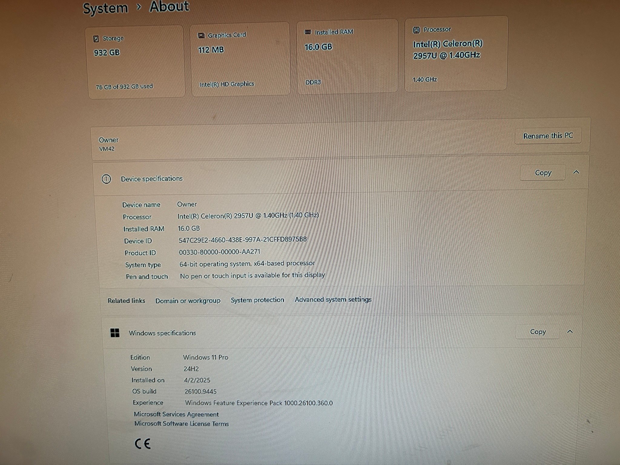 ASUS VM42 Vivo PC CPU CELERON 2957U 1.40GHz RAM Windows 11