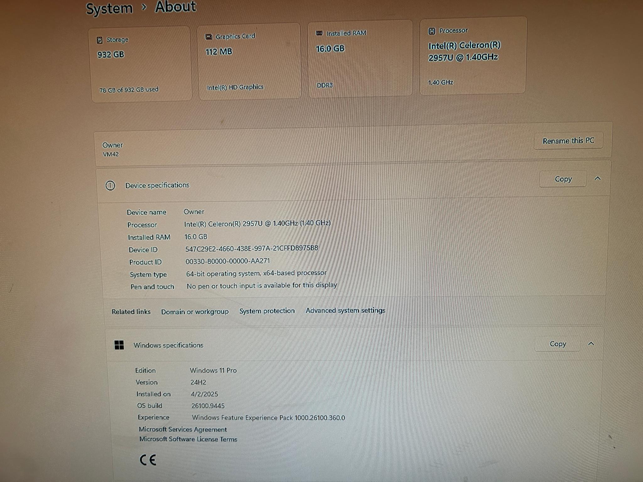 ASUS VM42 Vivo PC CPU CELERON 2957U 1.40GHz CPU, 16 GB RAM Windows 11 Pro