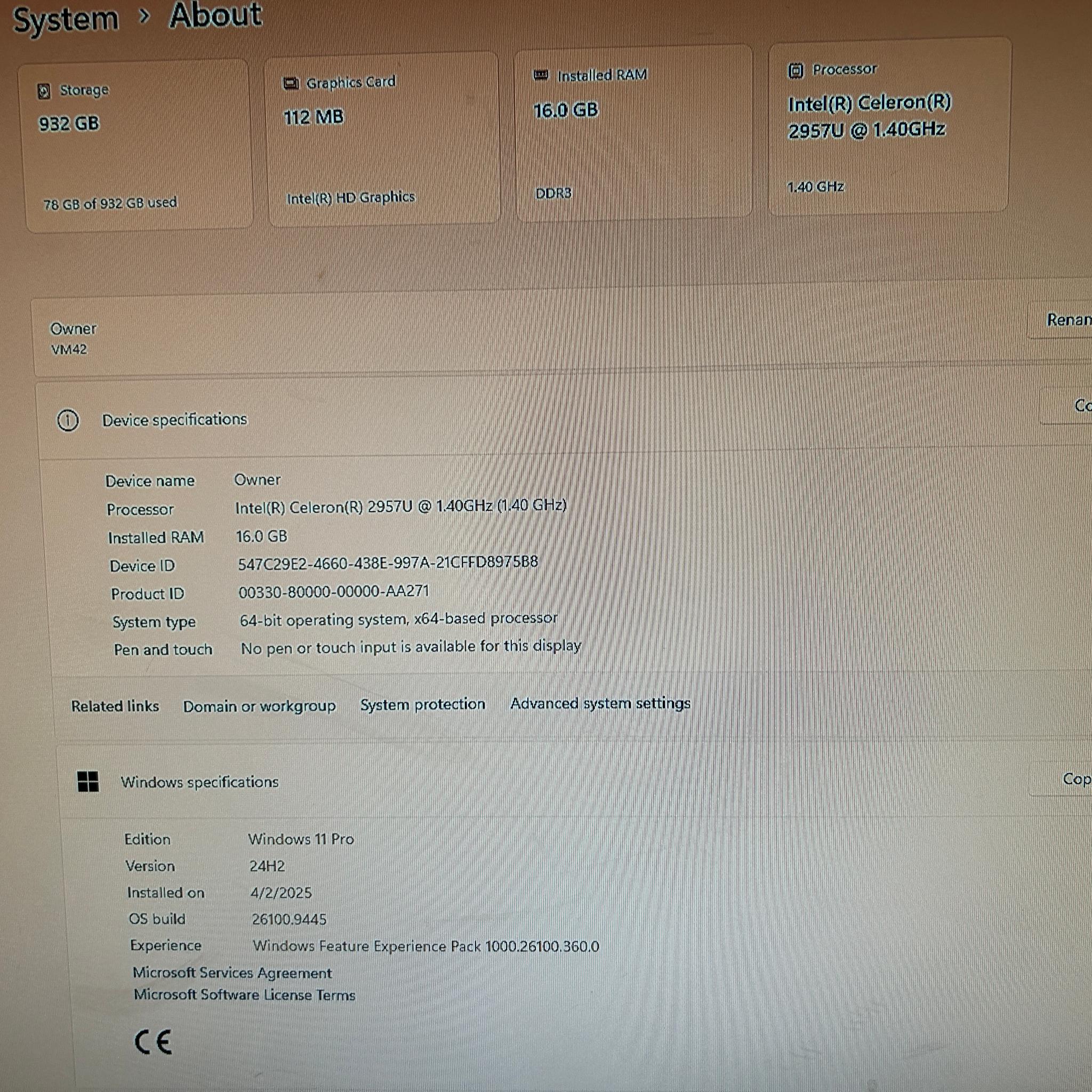 ASUS VM42 Vivo PC CPU CELERON 2957U 1.40GHz RAM Windows 11