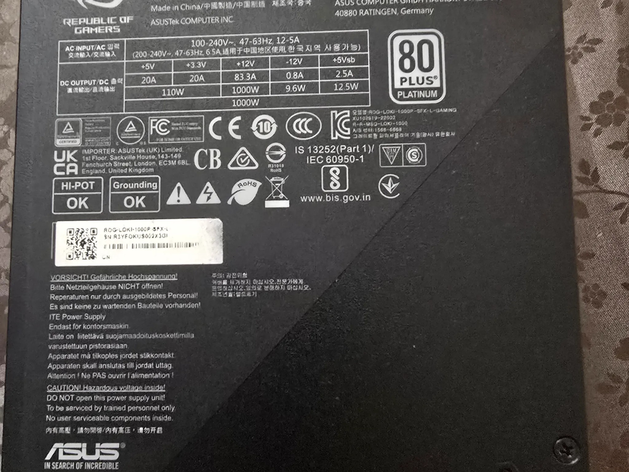 ASUS ROG LOKI 1000W PLATINUM PSU SFX-L
