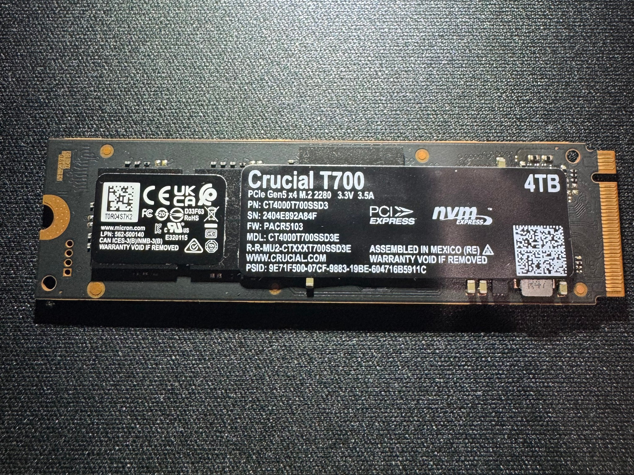 Crucial T700 4TB PCIe Gen5 NVMe M.2 SSD