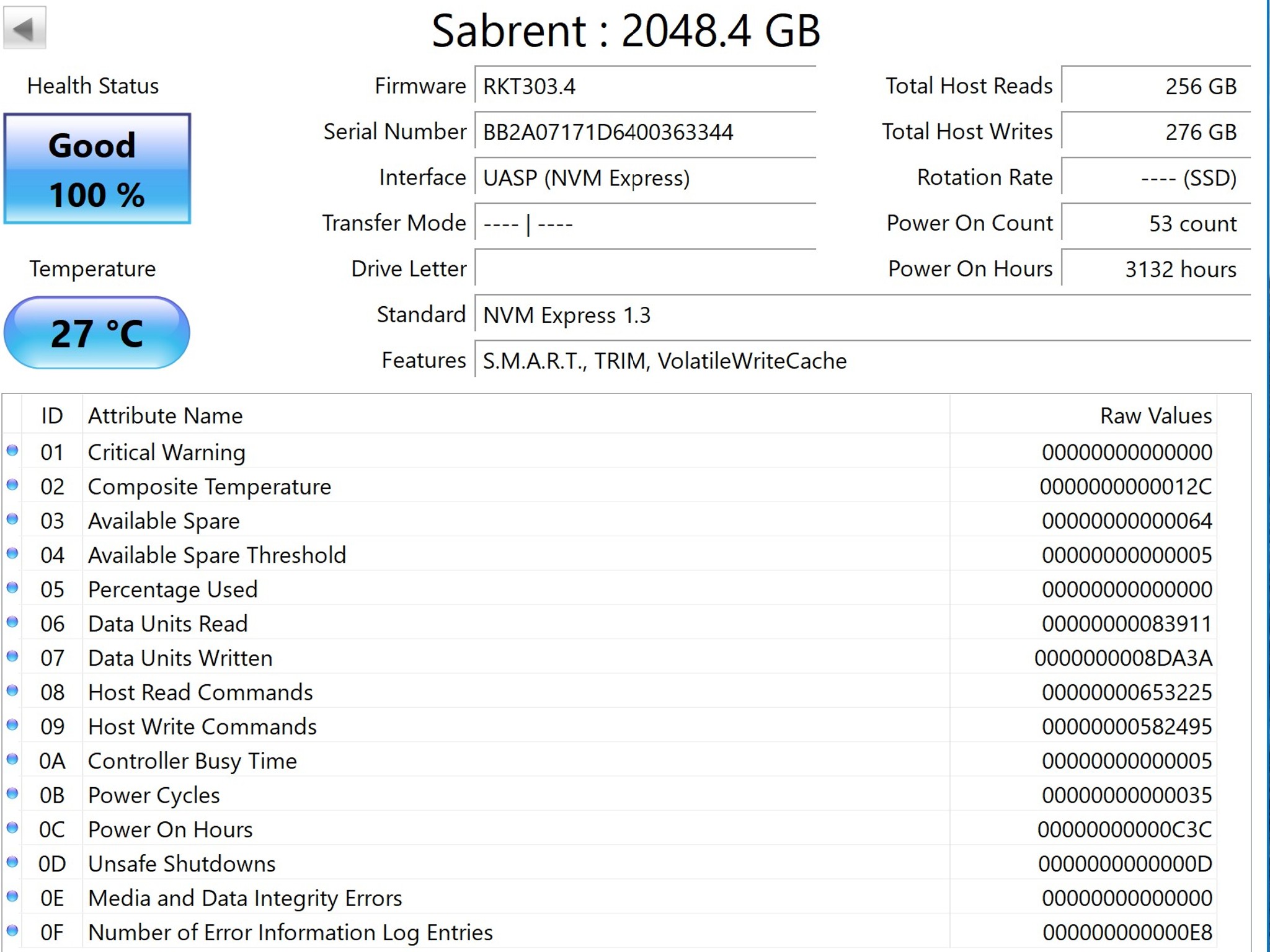 2TB Sabrent Rocket NVME M.2 SSD 100% HEALTH