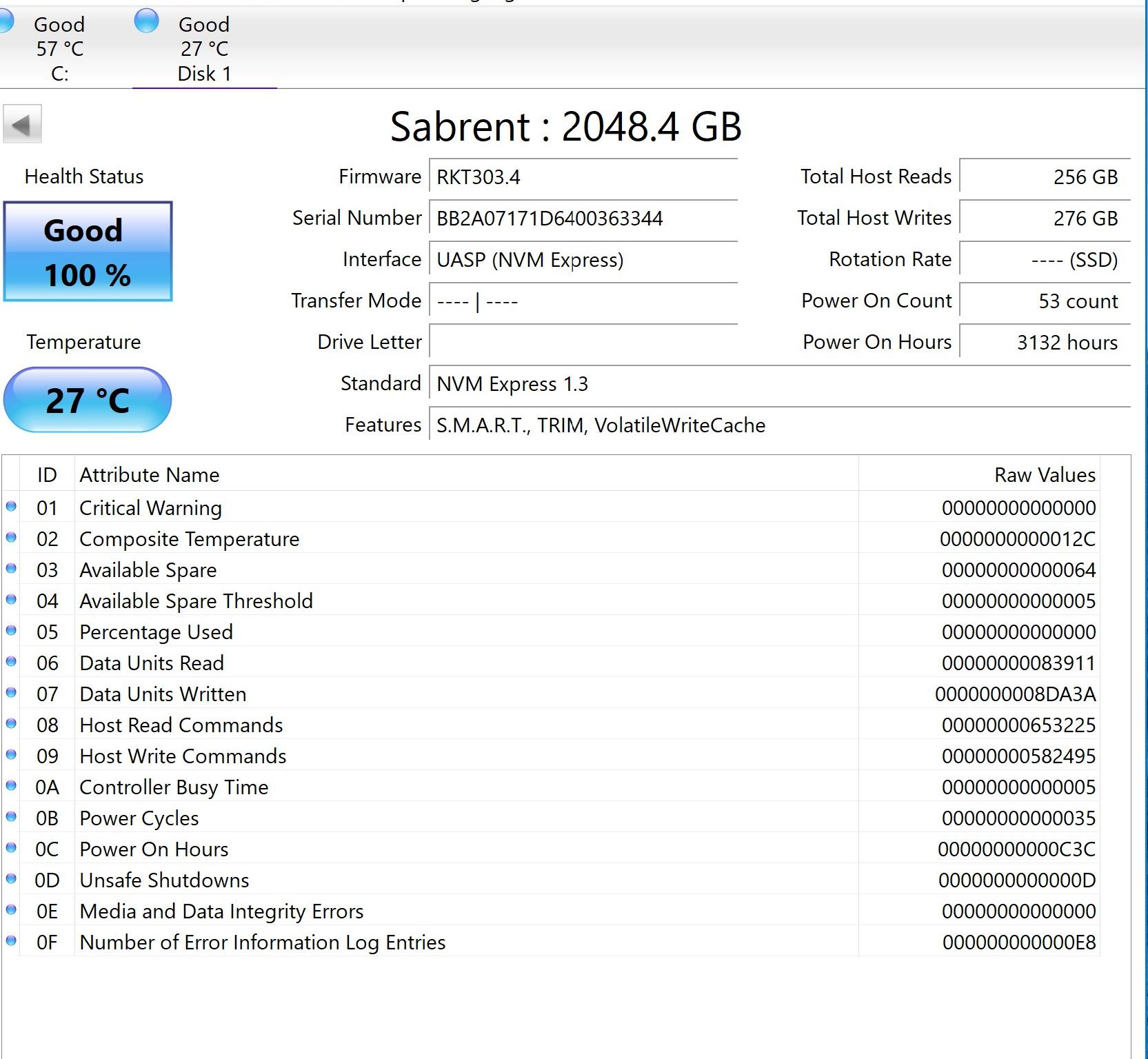 2TB Sabrent Rocket NVME M.2 SSD 100% HEALTH