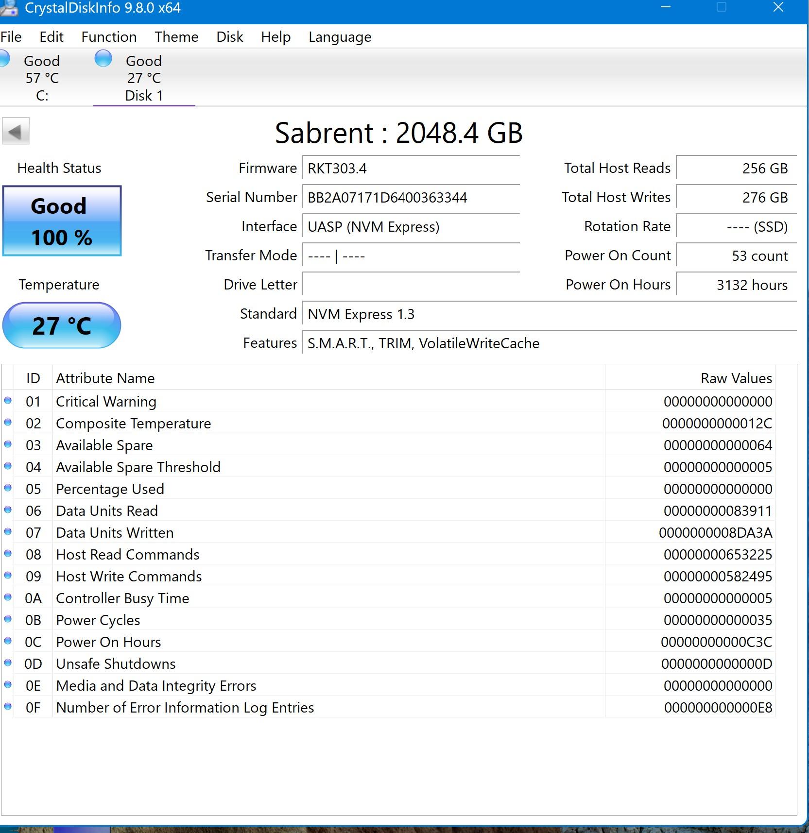 2TB Sabrent Rocket NVME M.2 SSD 100% HEALTH