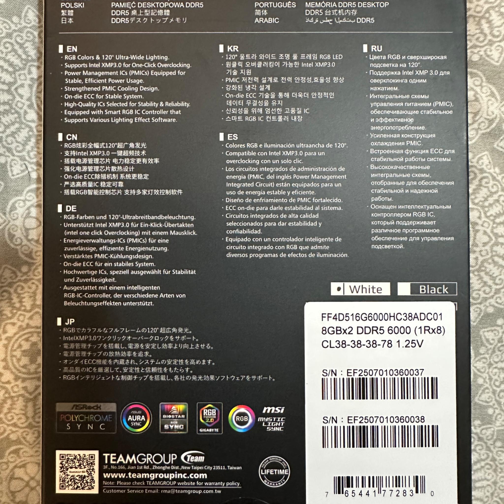 TEAMGROUP T-Force Delta RGB 16GB (2 x 8GB) DDR5-6000 RAM (White)