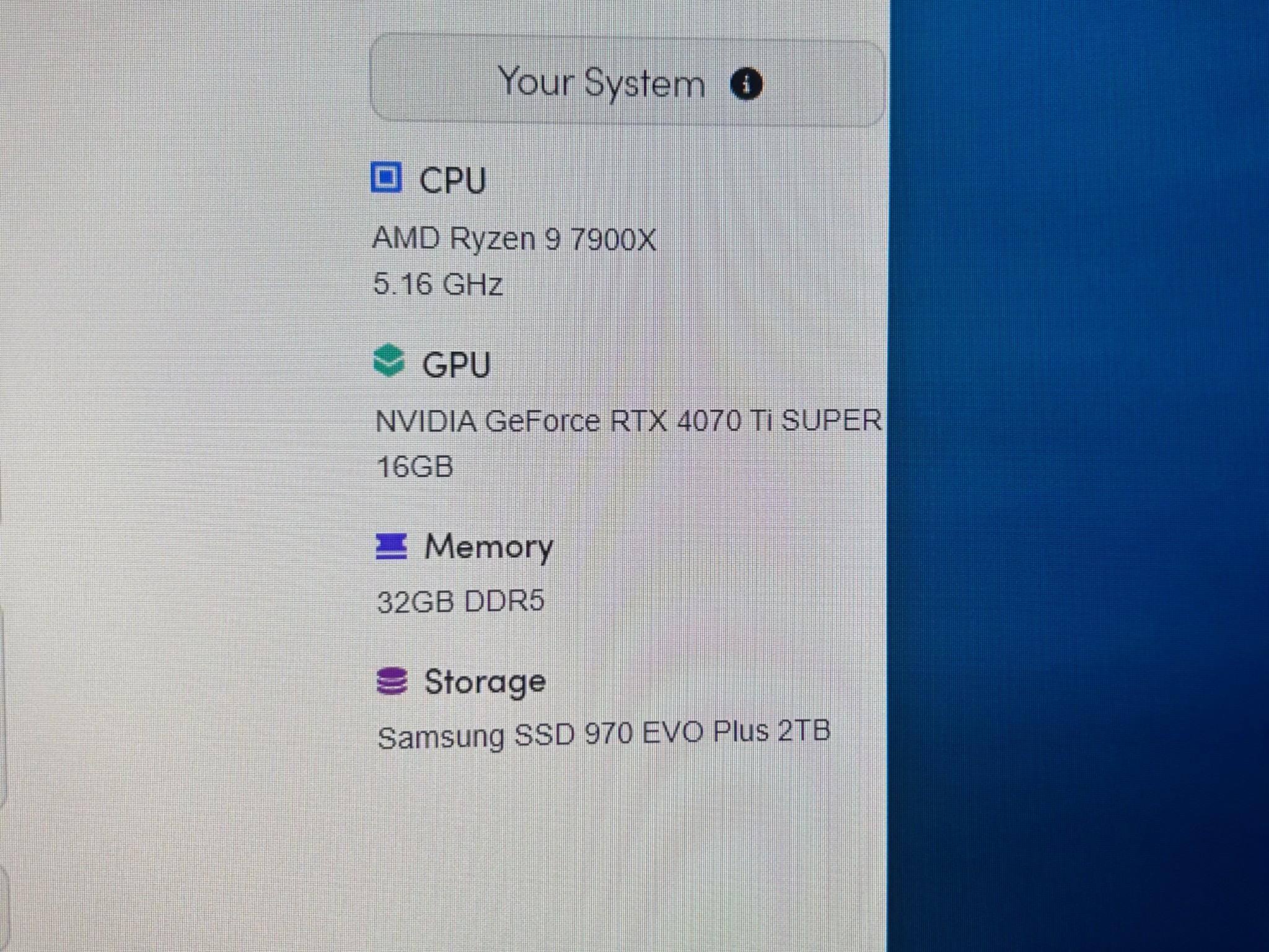 * 		4070 ti super, 7900x, 32GB ram, 2TB Nvme, lian li all white pc build