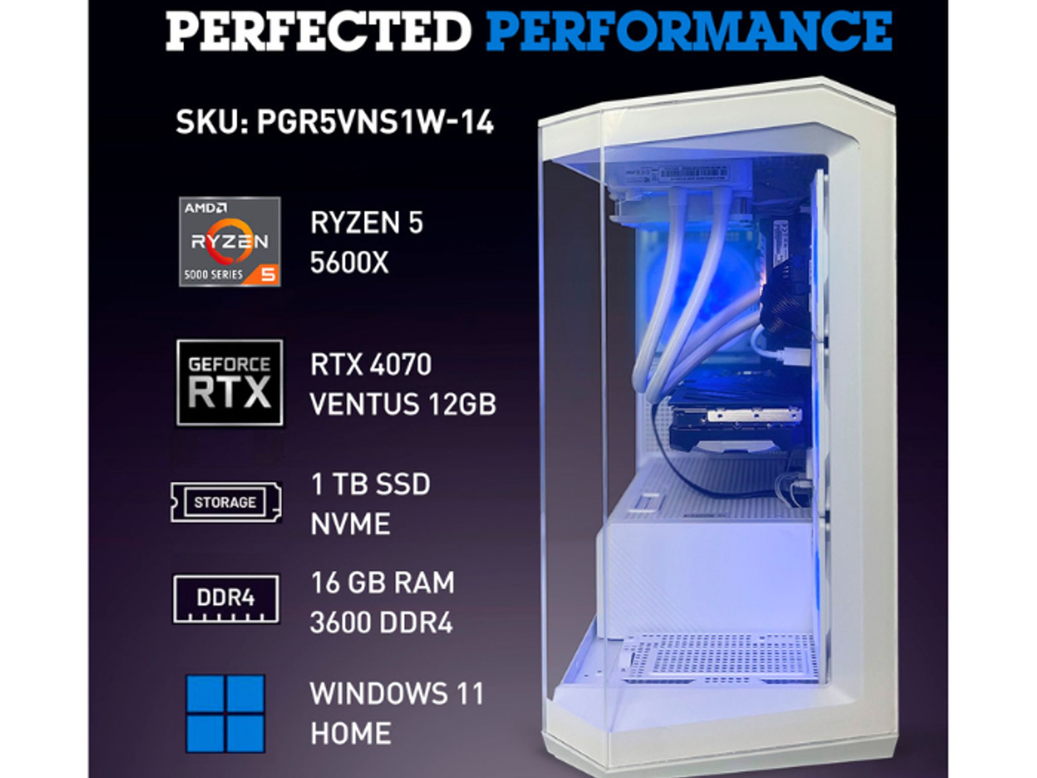 NSX PC Gaming RYZEN 5 5600X | 16 GB RAM3600 DDR4 | 1TB SSD NVME / GEFORCE RTX 4070, Pano White