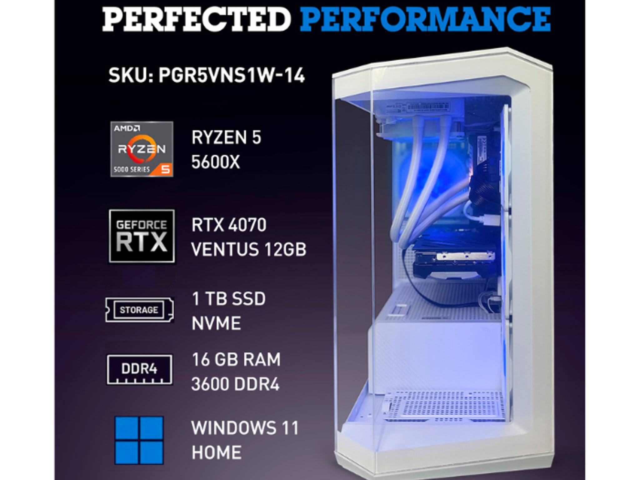 NSX PC Gaming RYZEN 5 5600X | 16 GB RAM3600 DDR4 | 1TB SSD NVME / GEFORCE RTX 4070, Pano White