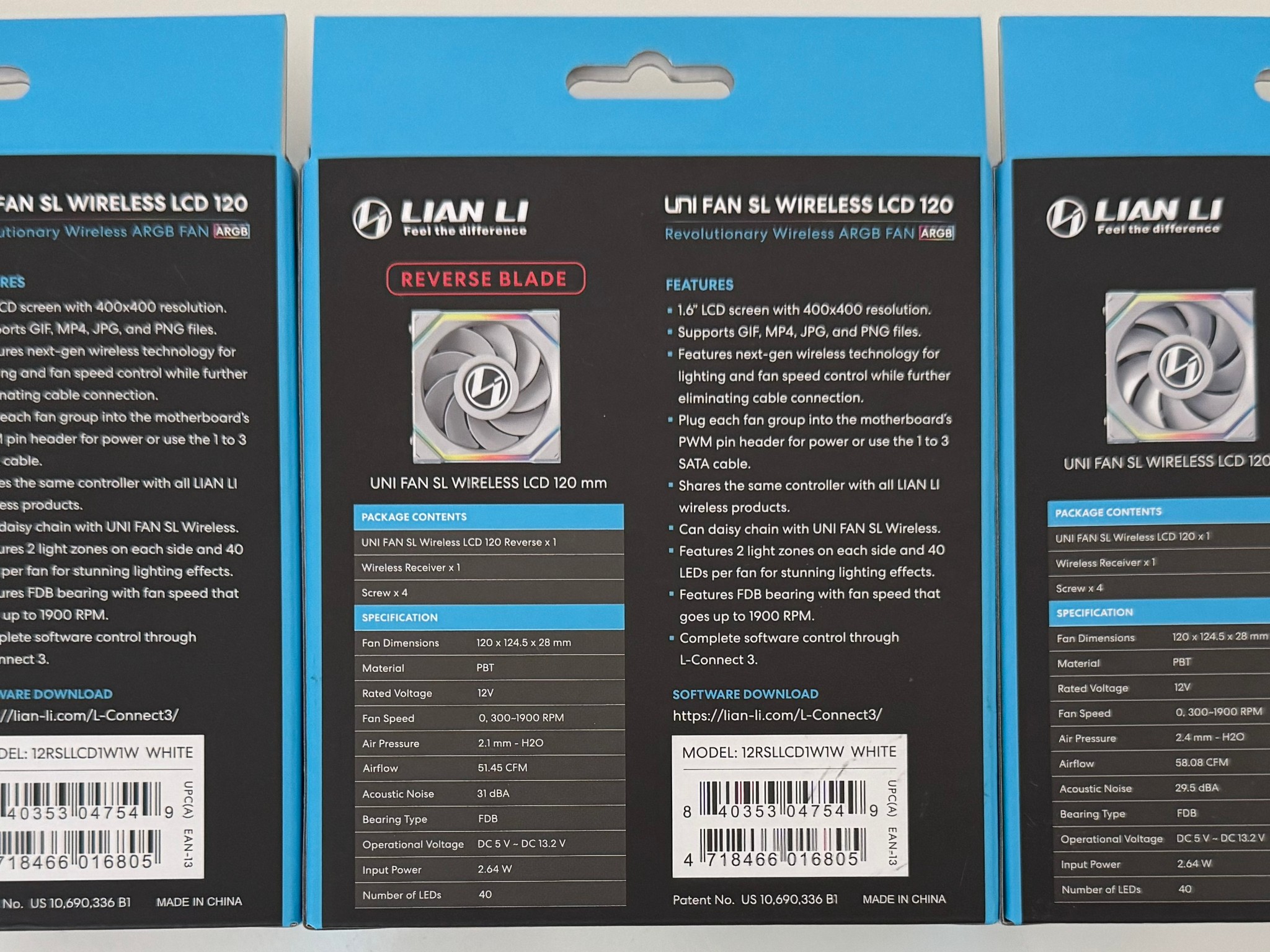 3x Lian Li UNI Fan SL LCD Wireless 120mm ARGB Fan 1.6" LCD White (2xReverse Blade + 1xRegular Blade)