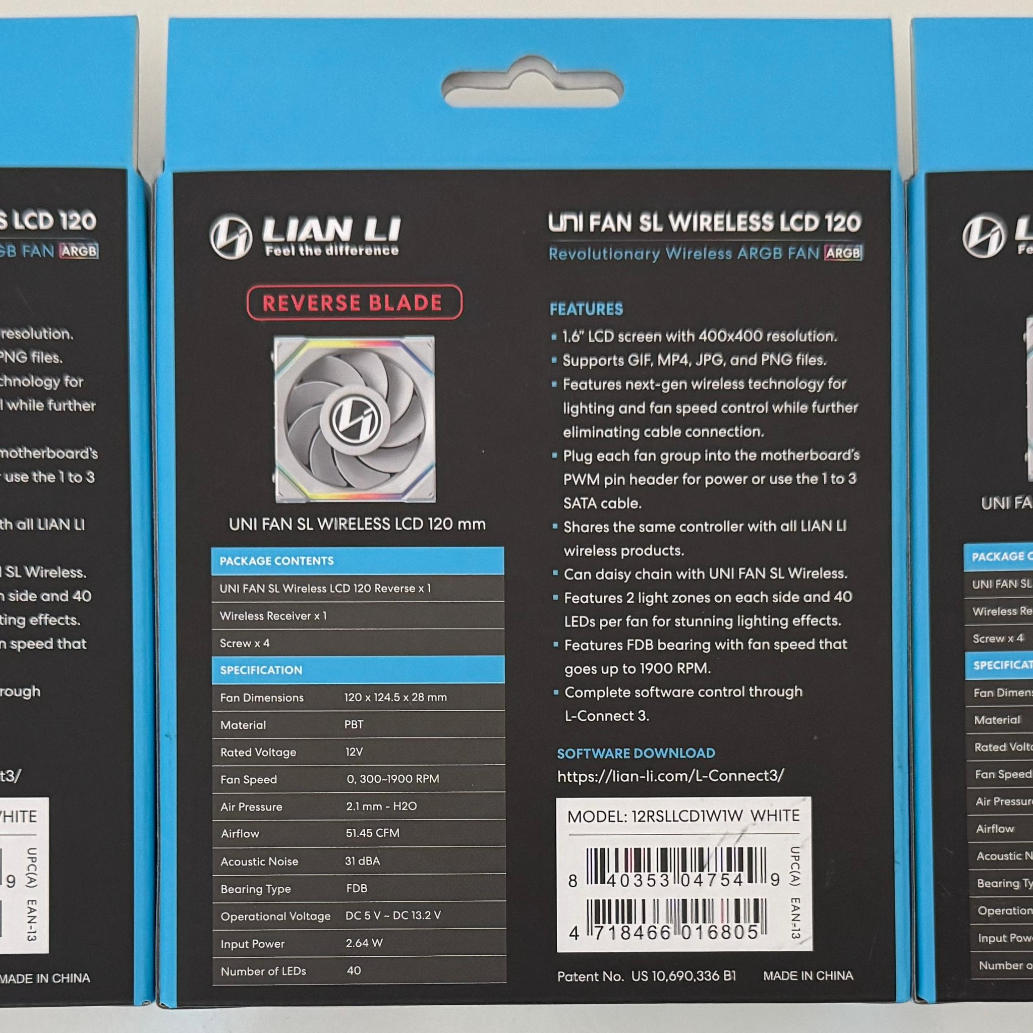 3x Lian Li UNI Fan SL LCD Wireless 120mm ARGB Fan 1.6" LCD White (2xReverse Blade + 1xRegular Blade)