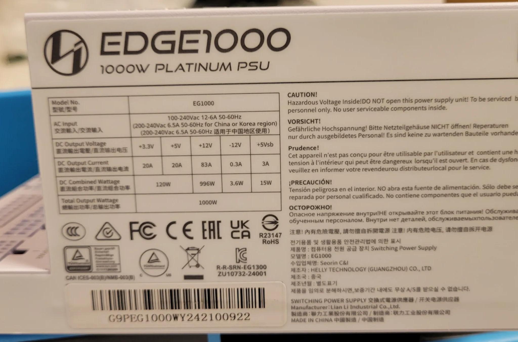 Lian Li Edge 1000W ATX 3.1 Power Supply, White