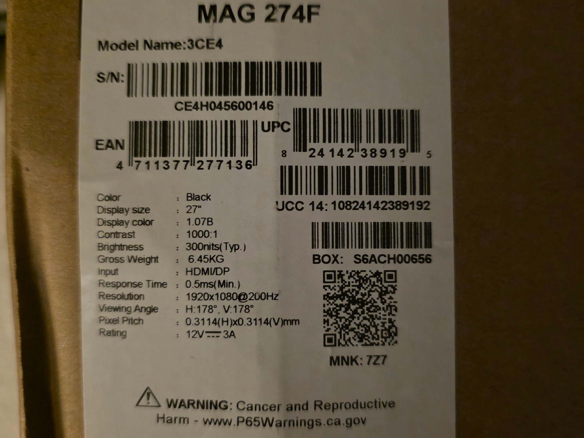 MSI MAG274F 27" 1080p 200Hz IPS Monitor Brand New