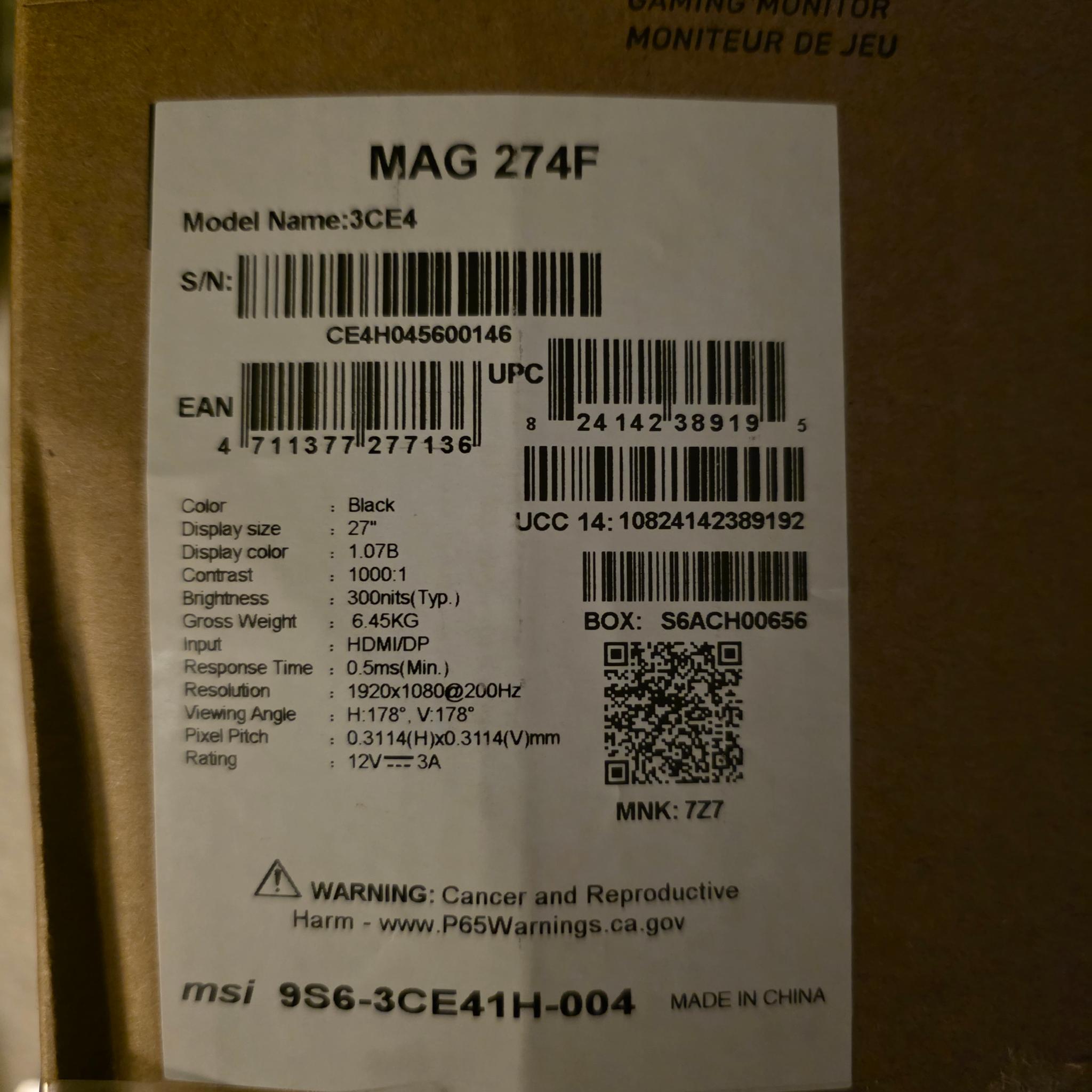 MSI MAG274F 27" 1080p 200Hz IPS Monitor Brand New