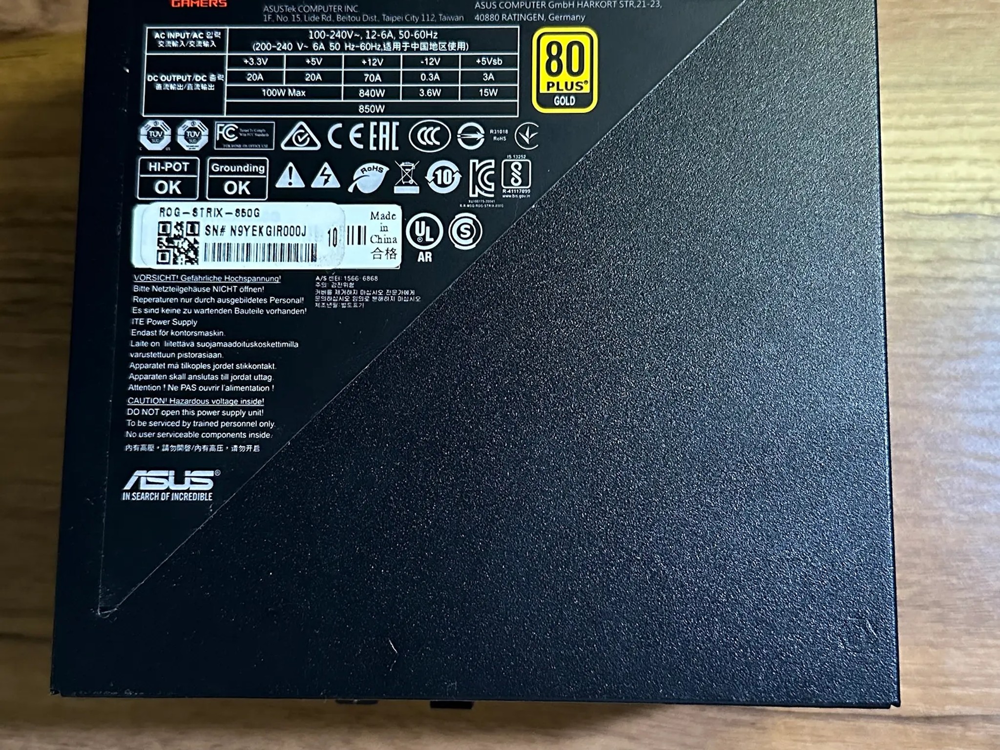 ASUS ROG-STRIX-850G 850W 80+ Gold ATX Modular Power Supply PSU W/ Cables