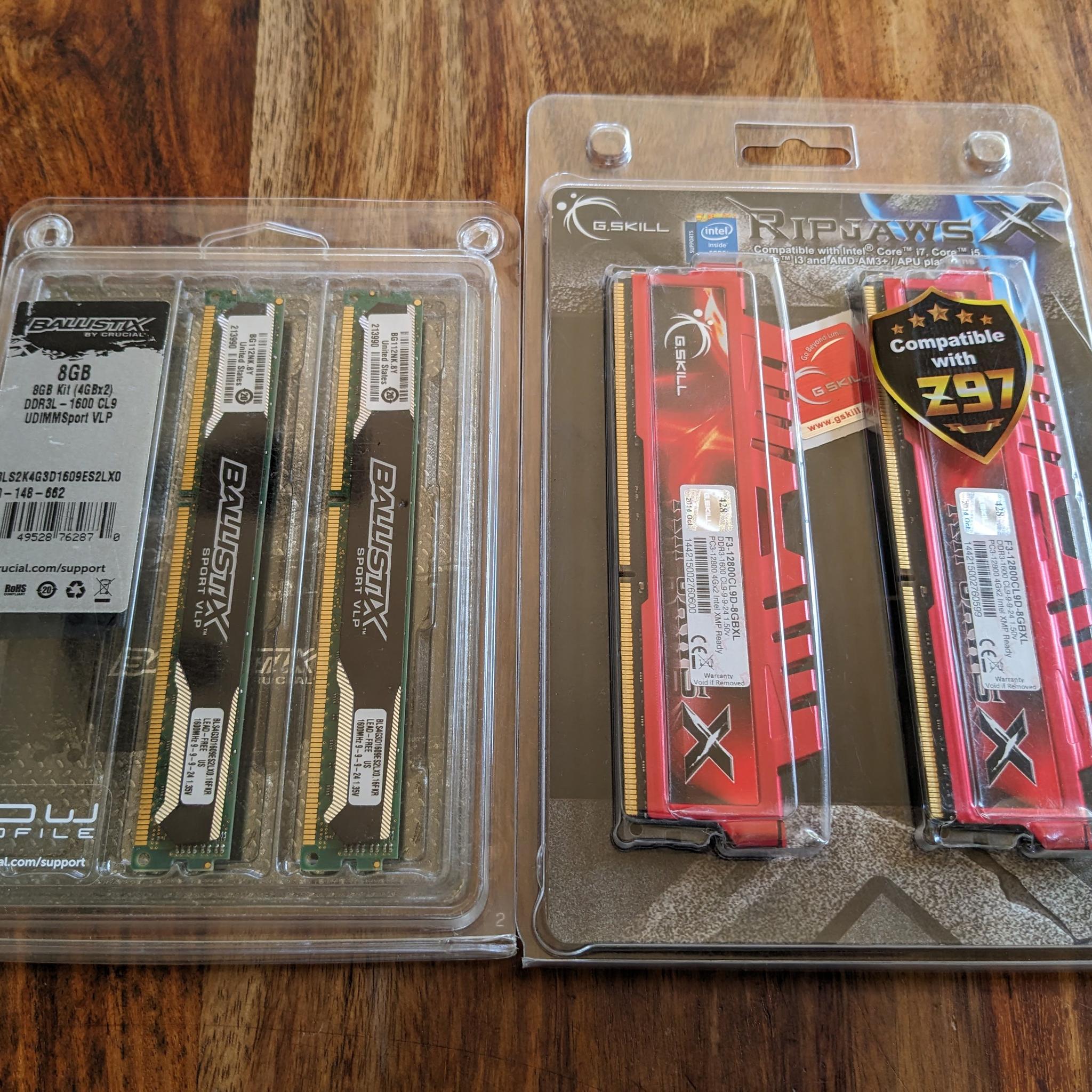 24GB of DDR3 Desktop RAM-Untested- Ripjaw 16GB and Ballistix Low Profile 8GB Kits IOB