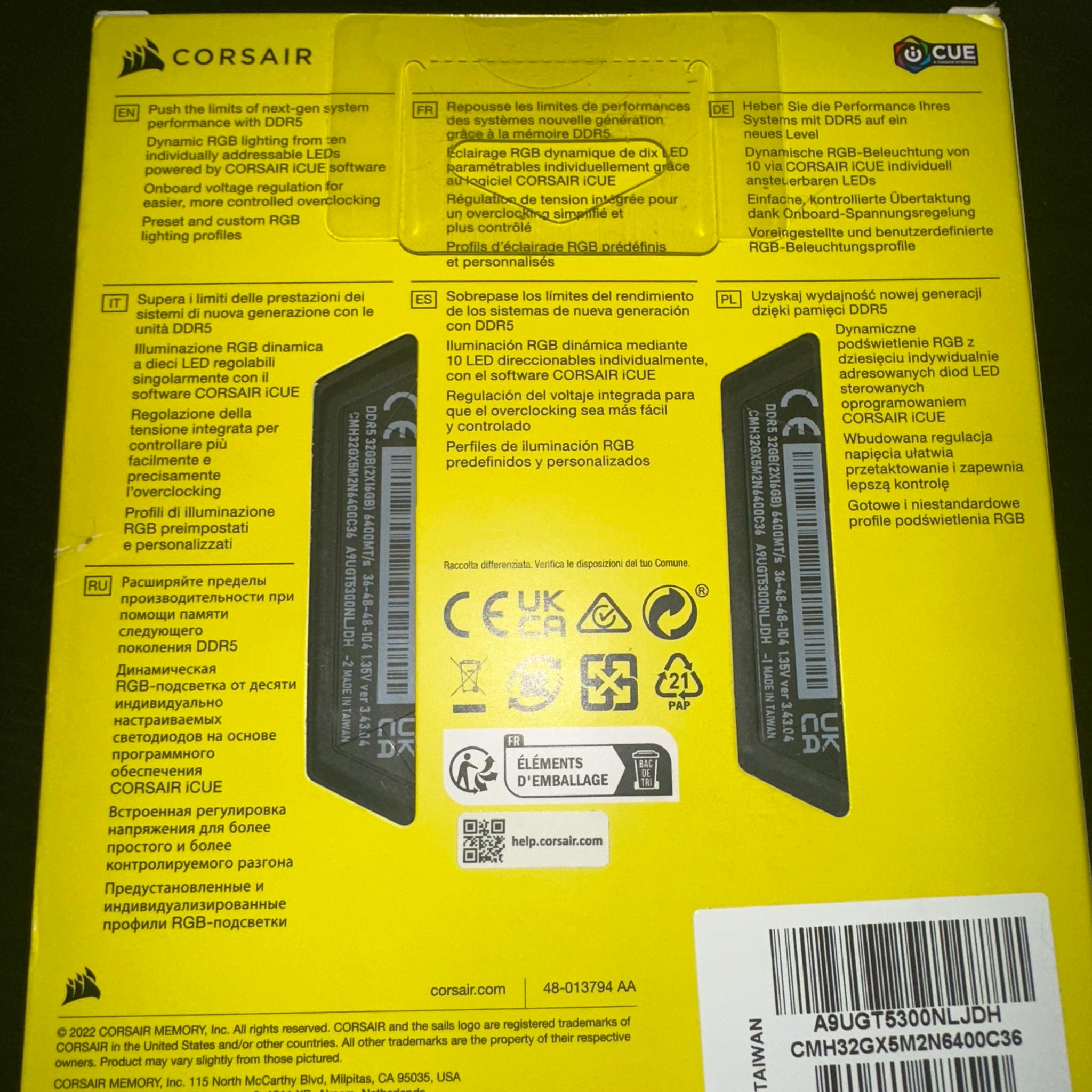 CORSAIR Vengeance RGB DDR5 RAM 32GB (2x16GB) Up to 6400MHz CL36-48-48-104 1.35V