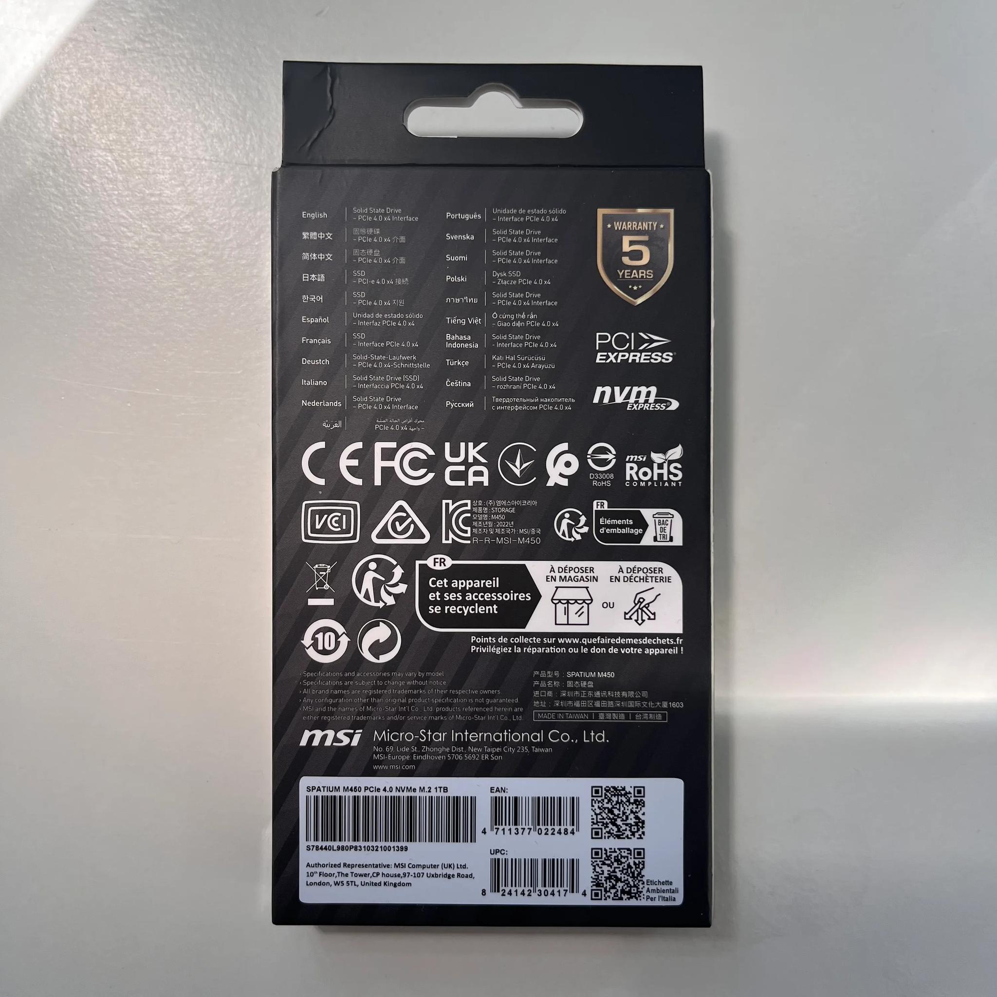 Sealed In box MSI Spatium M450 1TB Gen 4