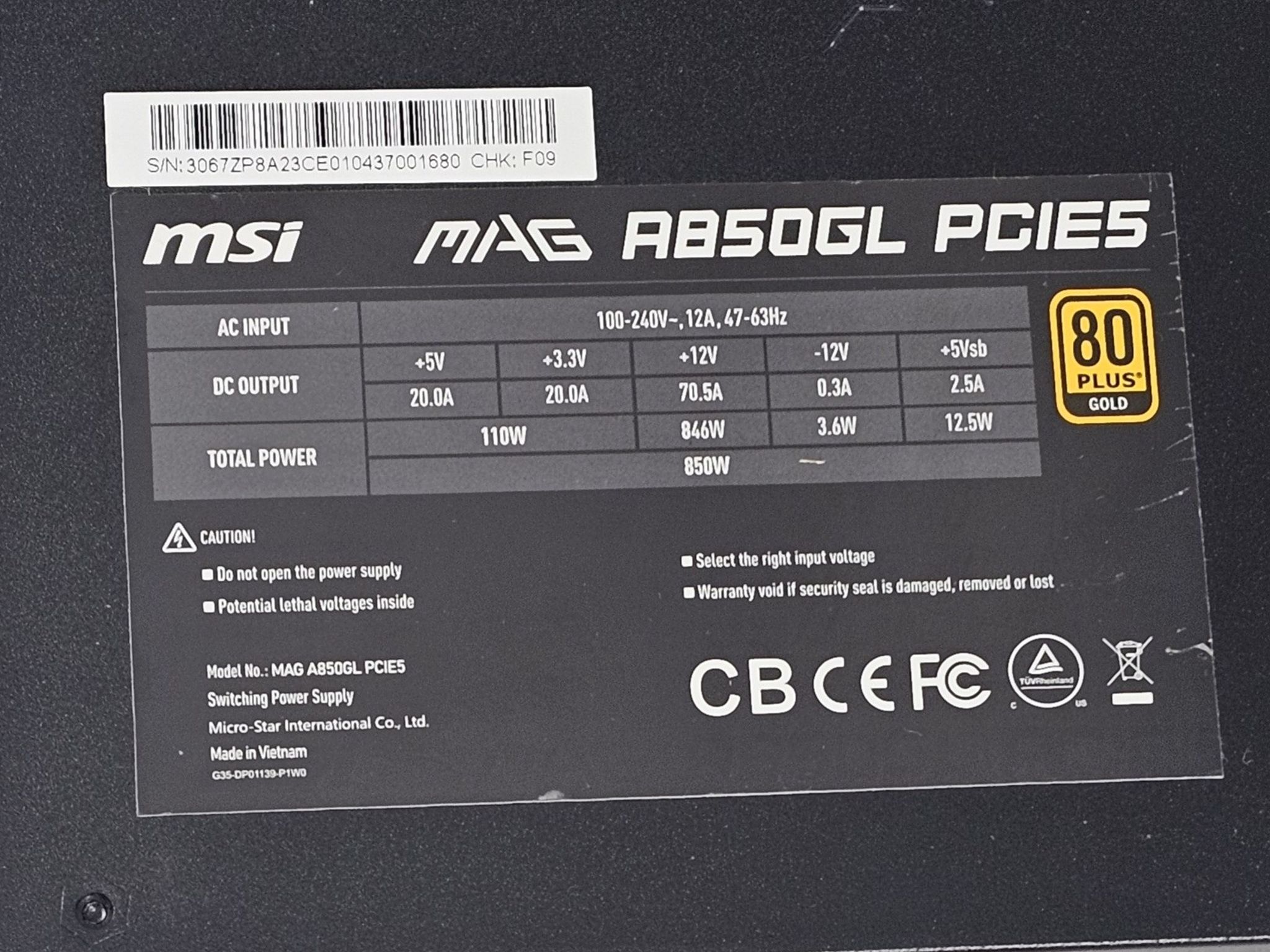 850 Watt PSU MSI MAG A850GL PCIE5 Power Supply