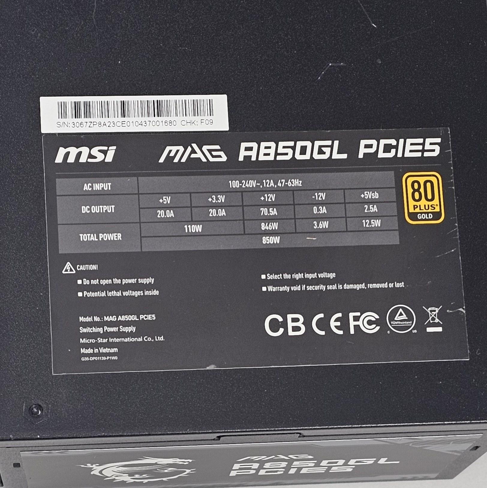 850 Watt PSU MSI MAG A850GL PCIE5 Power Supply