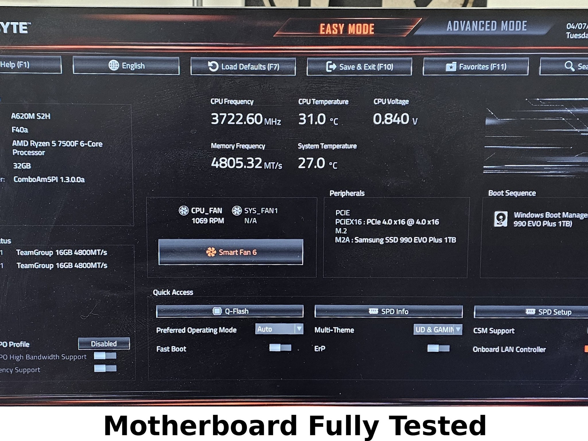 Gigabyte A620 S2H AMD AM5 DDR5 mATX Motherboard