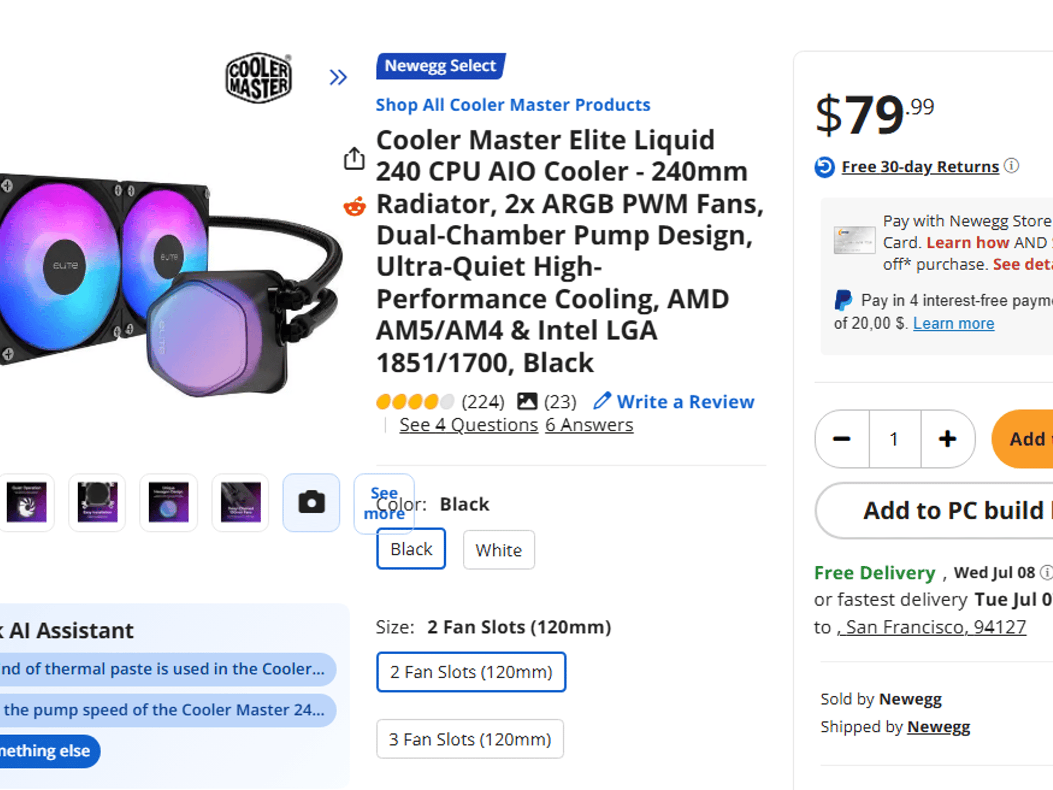Cooler Master Elite Liquid 240 Black 240mm AIO CPU Cooler (Brand New / Factory Sealed)