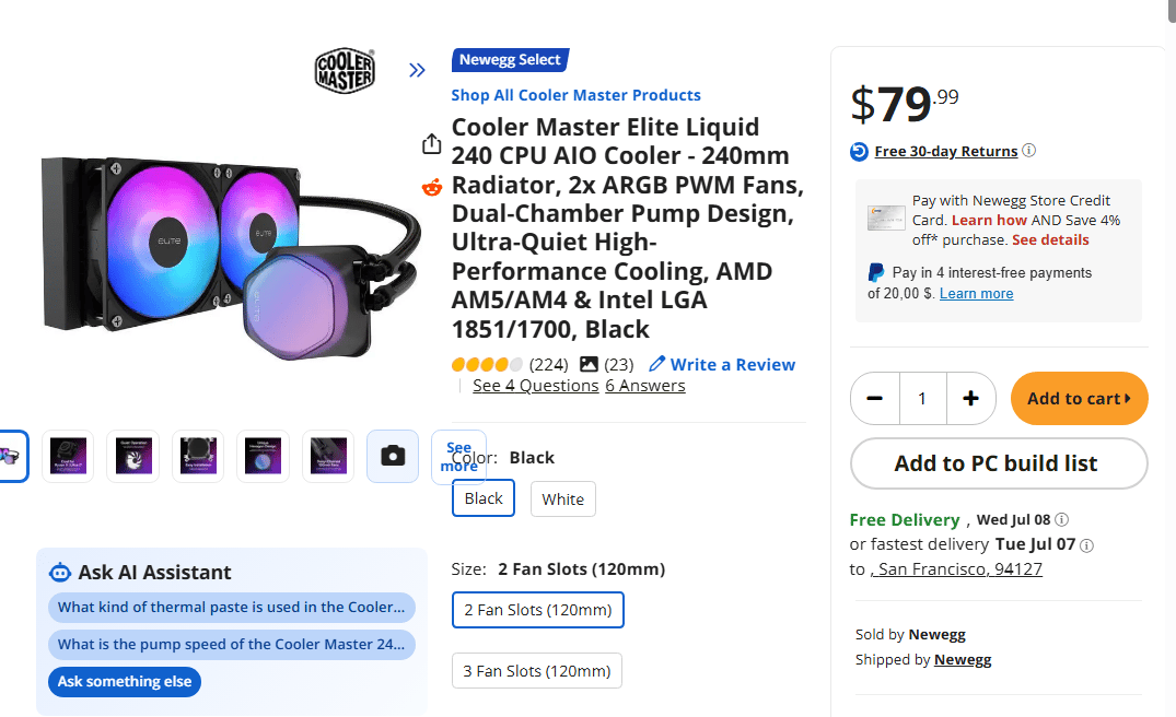 Cooler Master Elite Liquid 240 Black 240mm AIO CPU Cooler (Brand New / Factory Sealed)