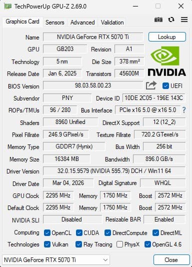 PNY GeForce RTX 5070 Ti 16GB GDDR7 Graphics Card | Tested Working | Box Included