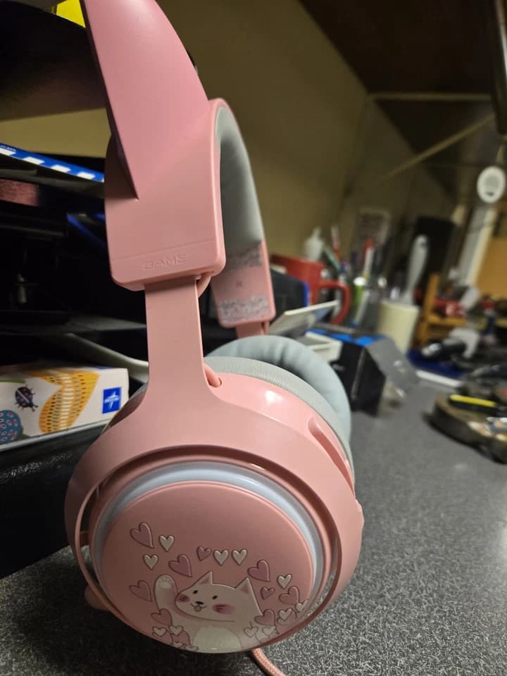 EASARS Cat Ear Headset, Pink Gaming Headset with Retractable Mic