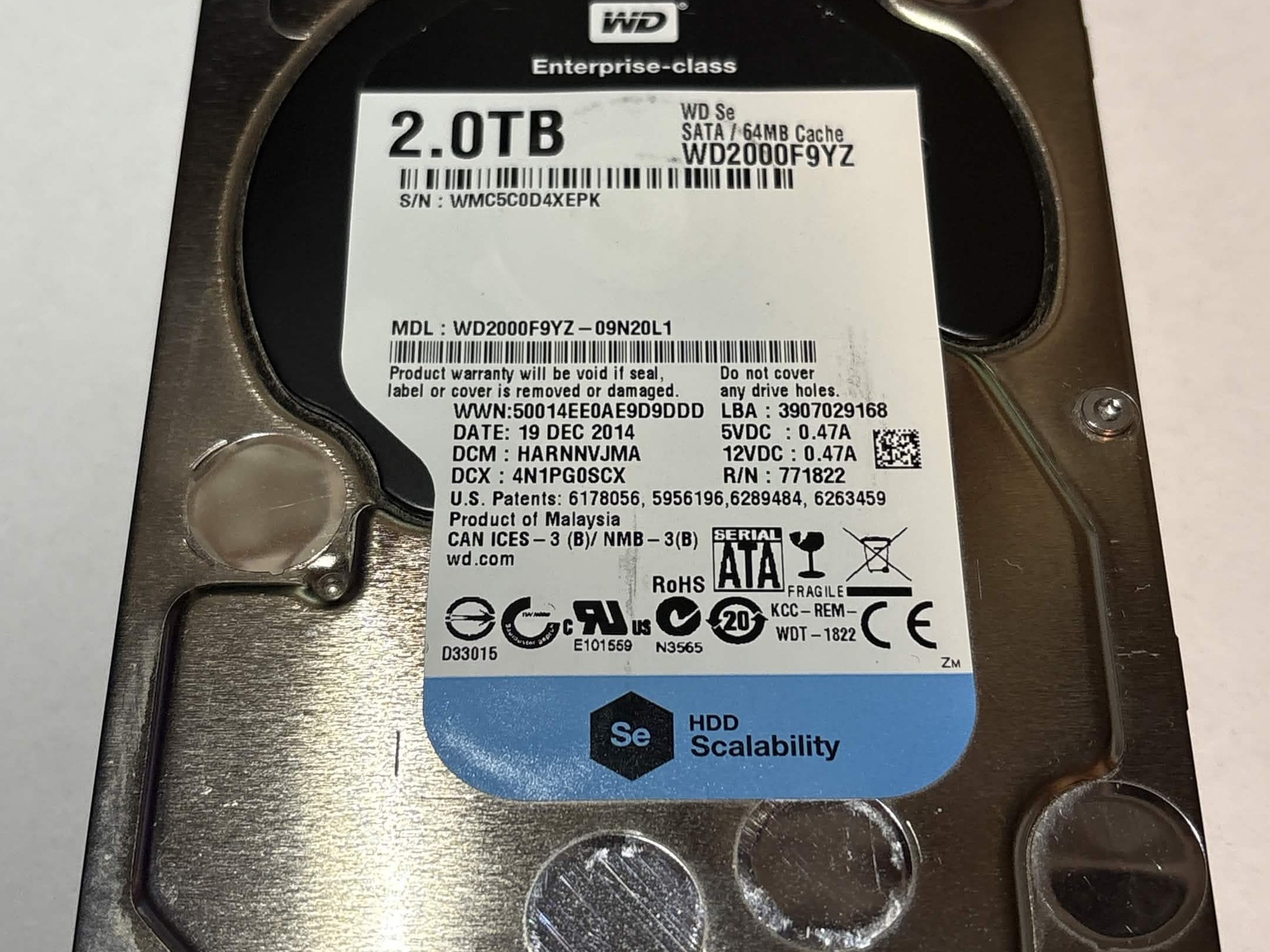 WD Se 2TB Enterprise HDD WD2000F9YZ 7200RPM SATA – 62,487 Hours – Good SMART