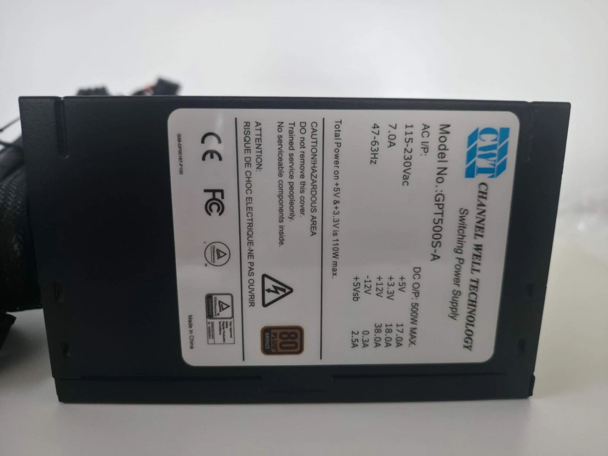Channel Well Technology CWT GPT500S-A 80 Plus Bronze 500W Switching Power Supply