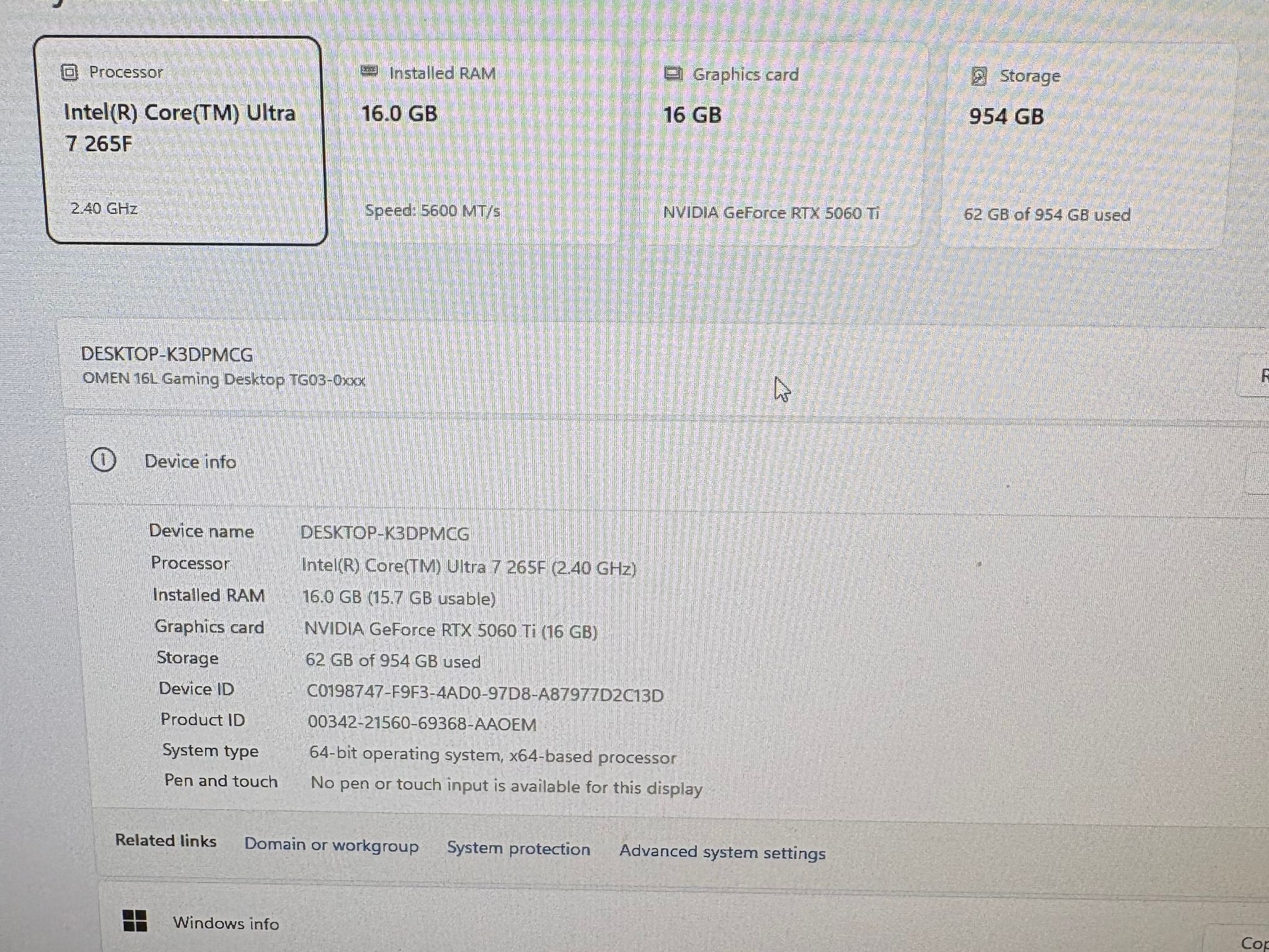 Intel Ultra 7 265KF / RTX 5060 Ti 16GB / 16 GB DDR5 Ram / 1 TB SSD
