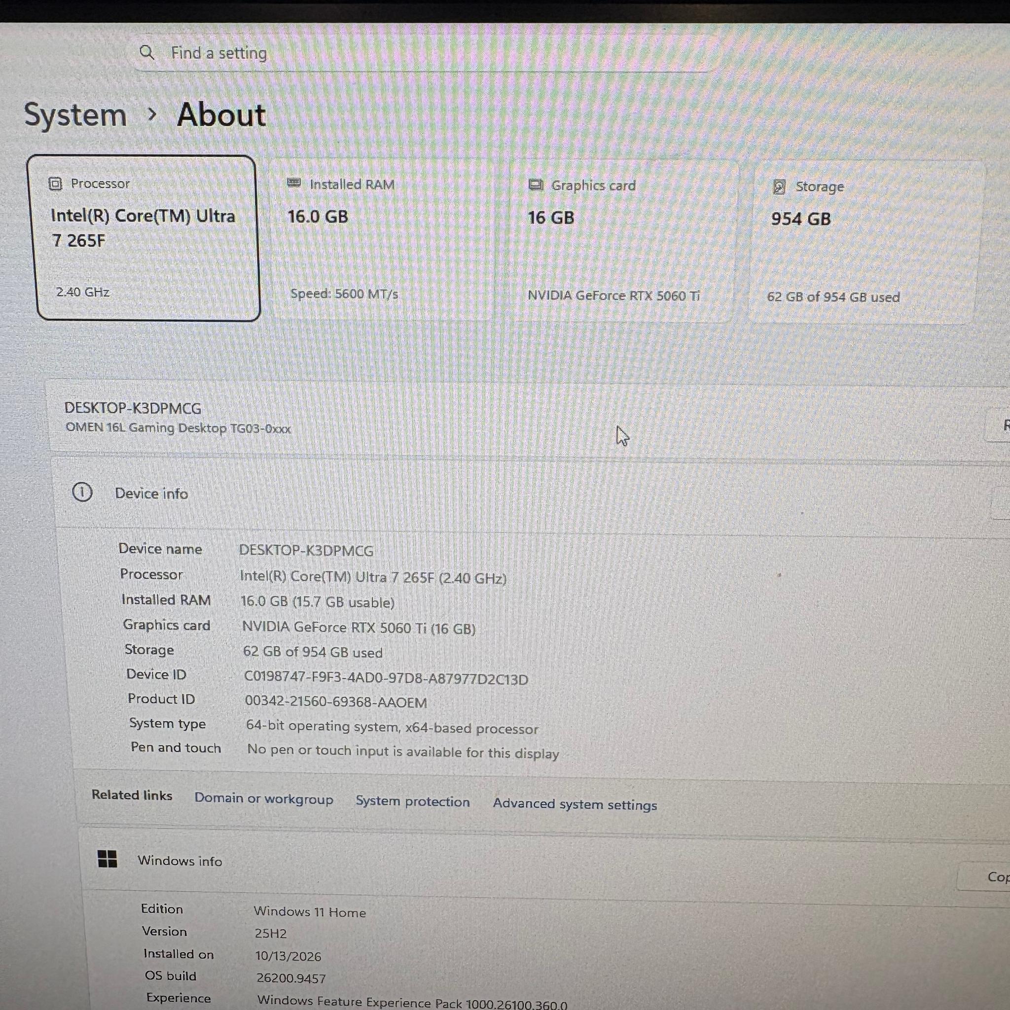 Intel Ultra 7 265KF / RTX 5060 Ti 16GB / 16 GB DDR5 Ram / 1 TB SSD