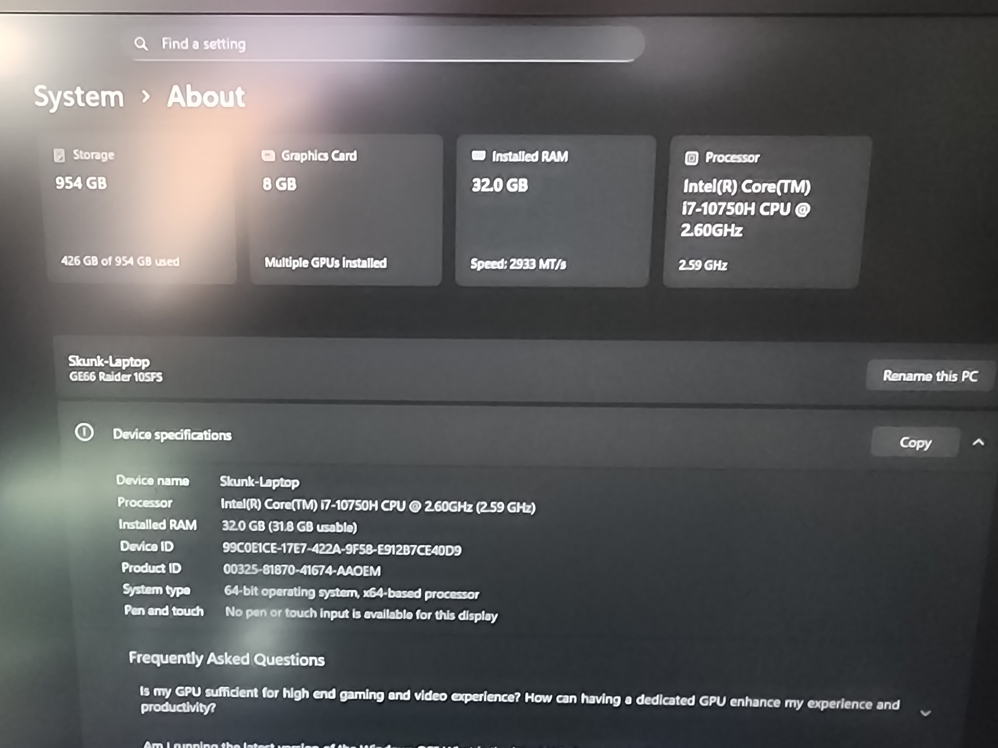 MSI Raider GE66 SFS 15.6" i7-10750H 32GB 2070 Super 1TB W11