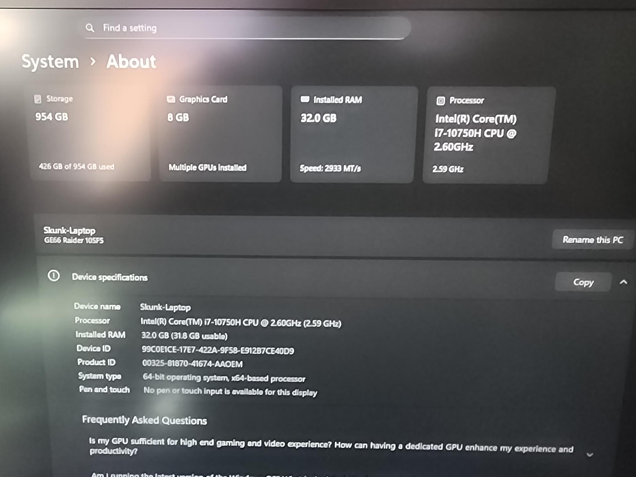 MSI Raider GE66 SFS 15.6" i7-10750H 32GB 2070 Super 1TB W11