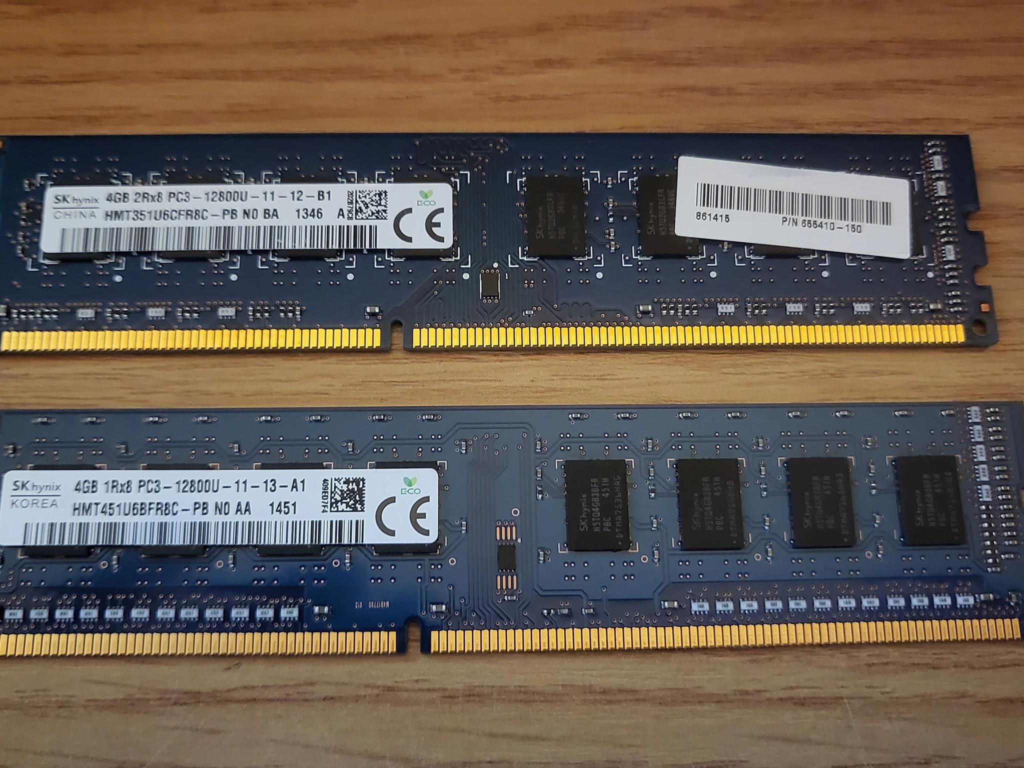 Lot of Two (2) USED Assorted SK Hynix 4GB DDR3 RAM