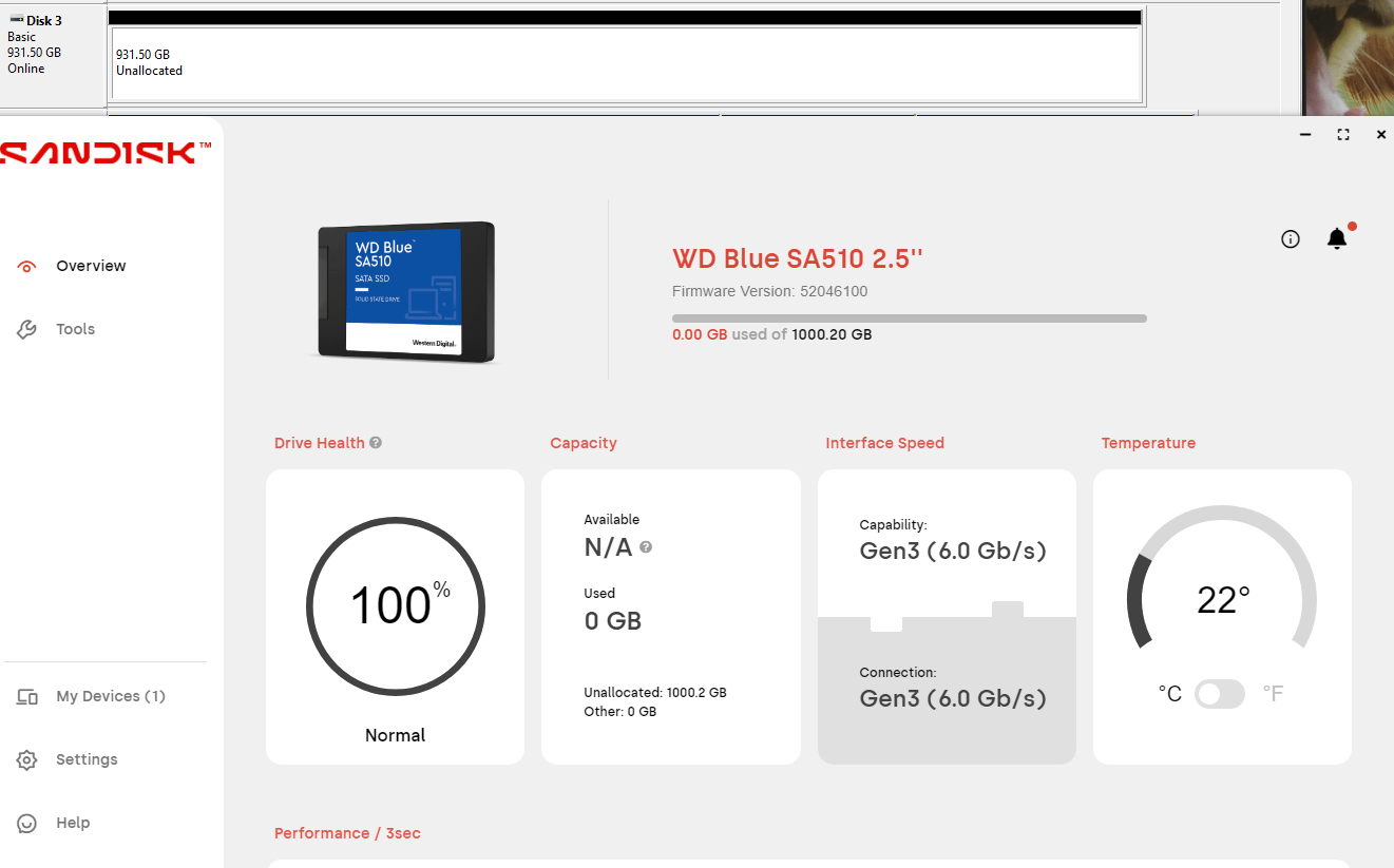 WD Blue SA510 1TB SATA SSD - Like New (Only 61 Hours!) - 100% Health