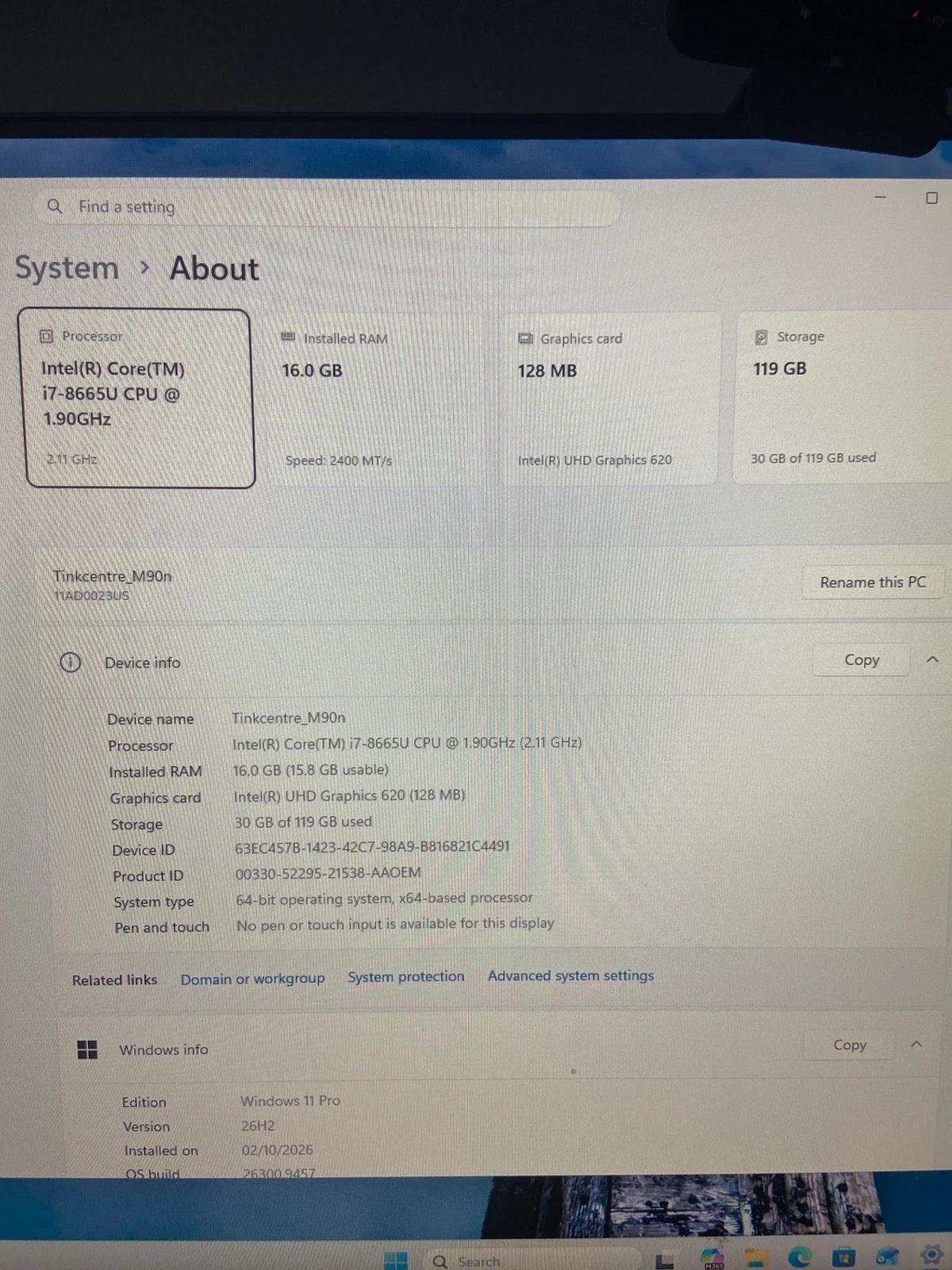 ENOVO ThinkCentre M90n i7 -8665U 16GB RAM 120 GB SSD Windows 11 pro PC Nano