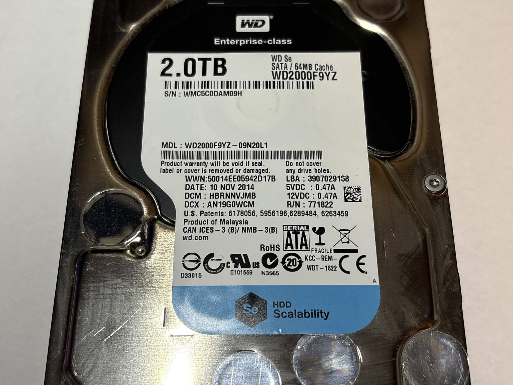 WD Se 2TB Enterprise HDD WD2000F9YZ 7200RPM SATA – 4,324 Hours – Good SMART